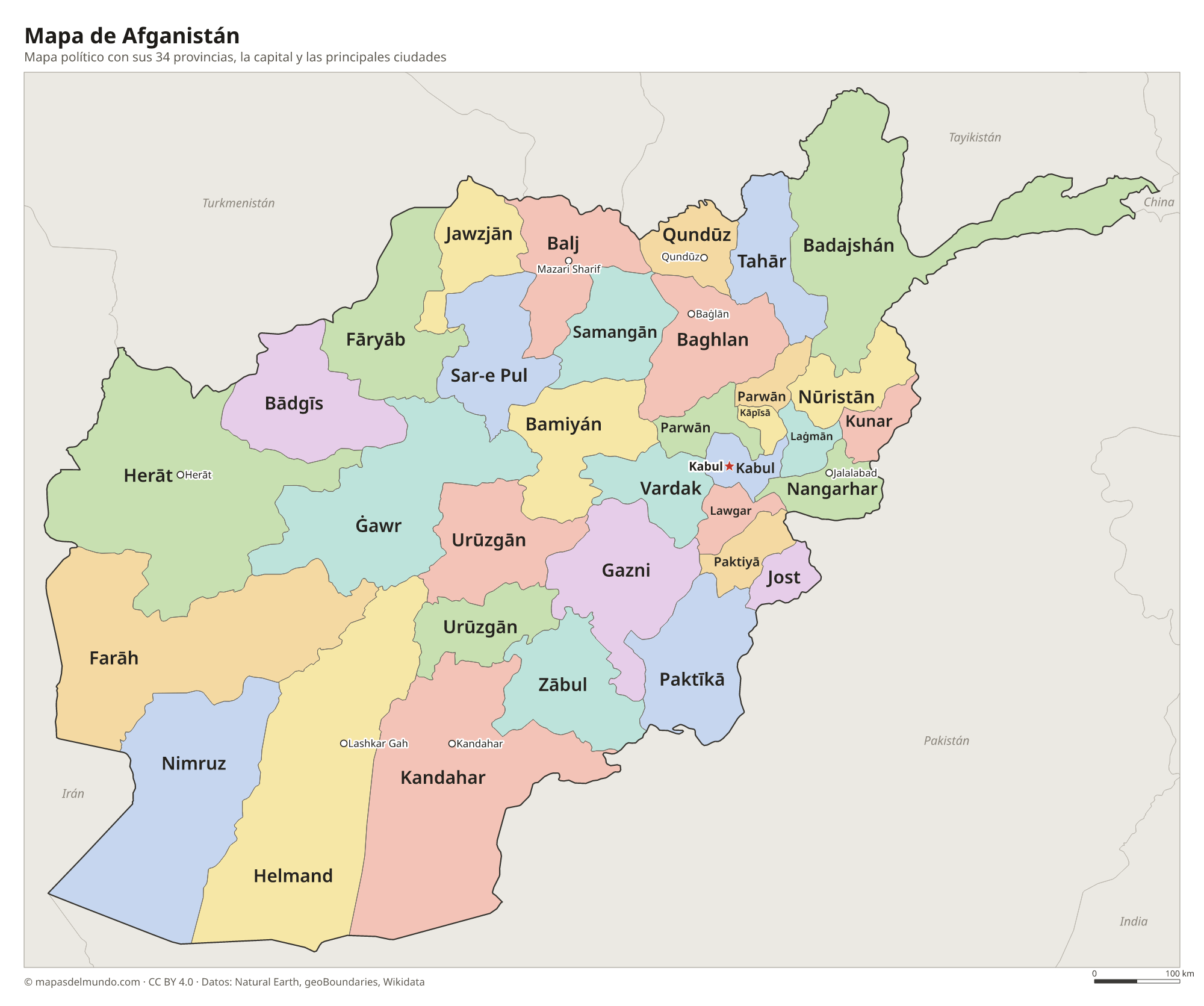 Mapa político de Afganistán con sus provincias y la capital Kabul