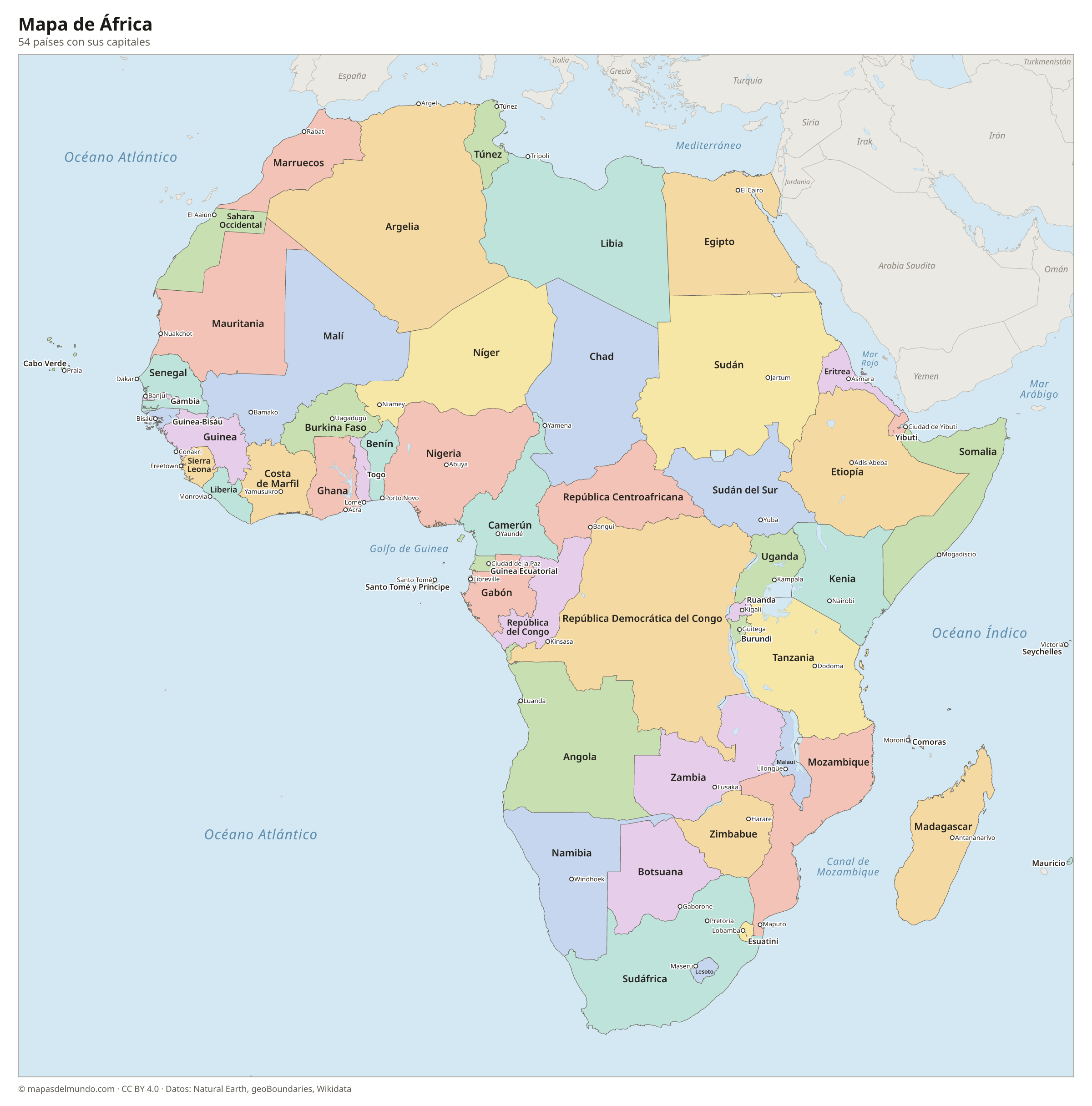 Mapa de África con los países y sus capitales