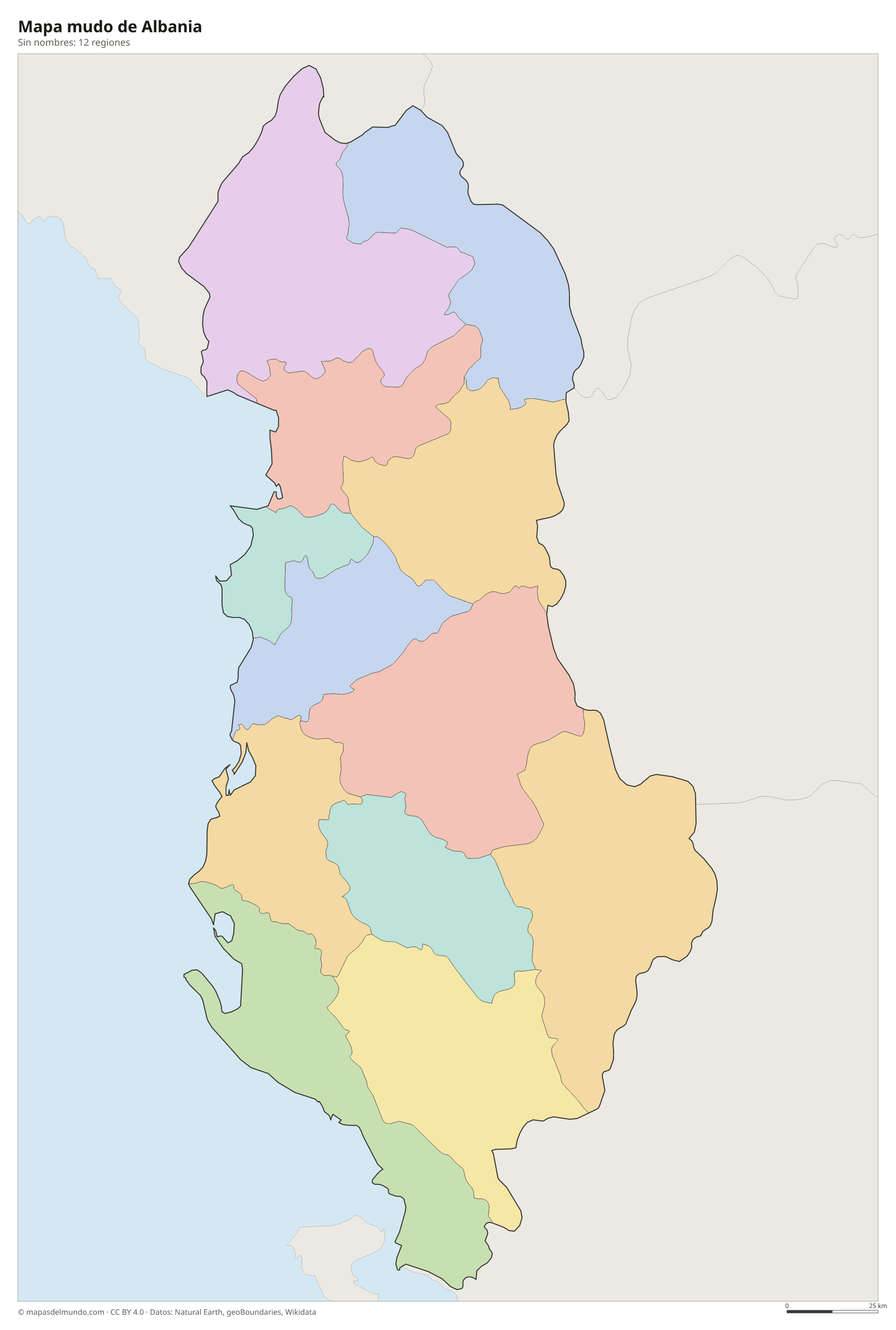 Mapa mudo de Albania sin nombres