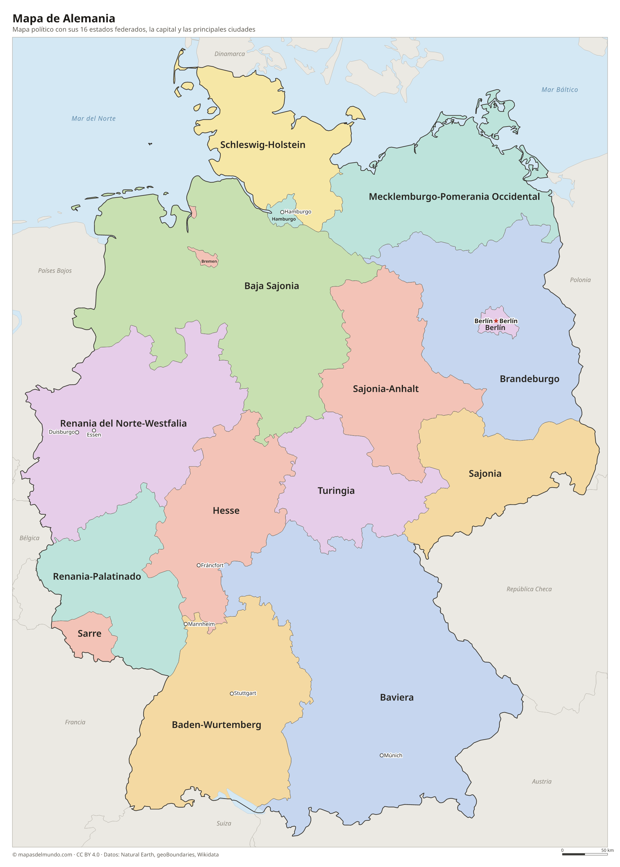 Mapa político de Alemania con sus estados federados y la capital Berlín