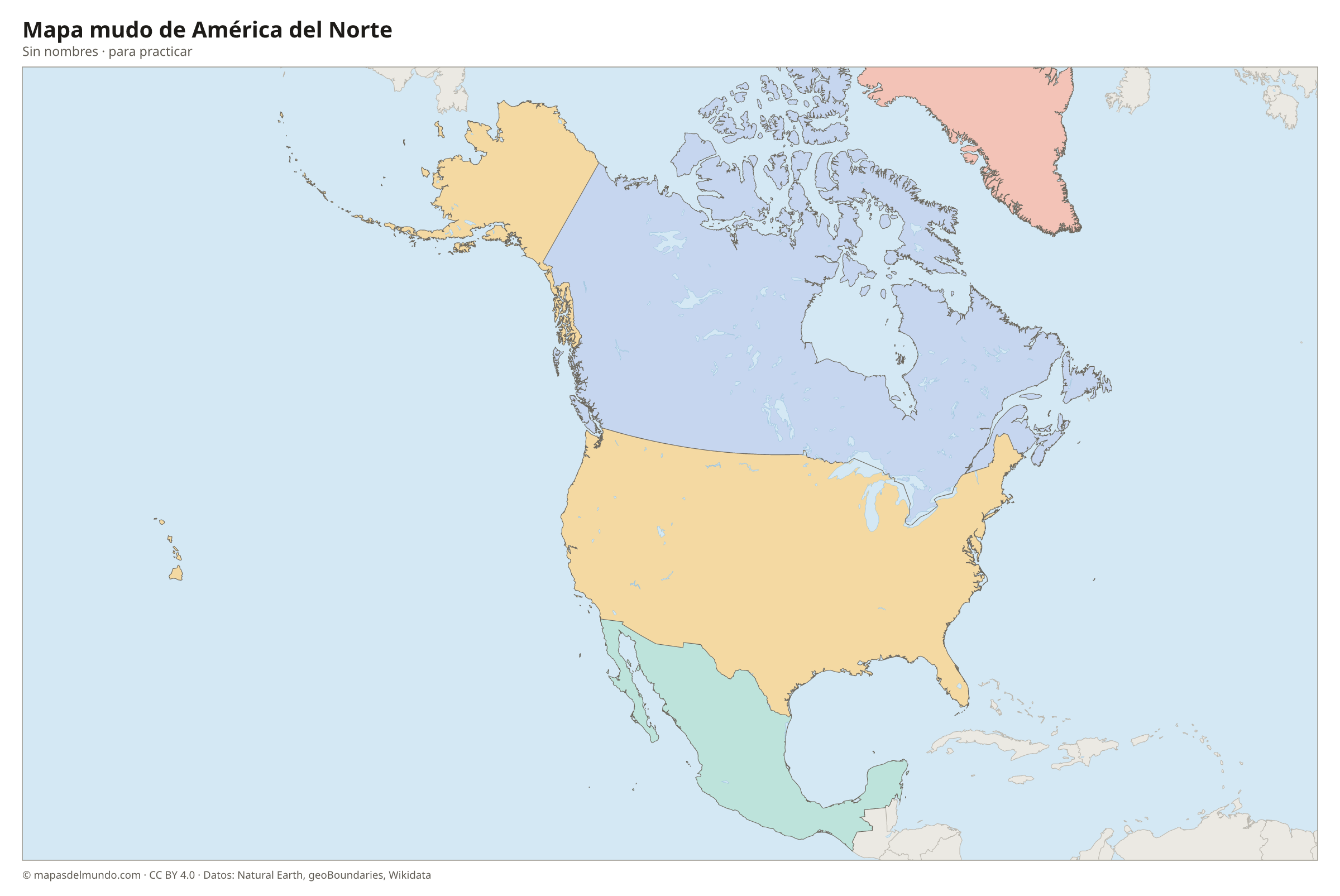 Mapa mudo de América del Norte sin nombres