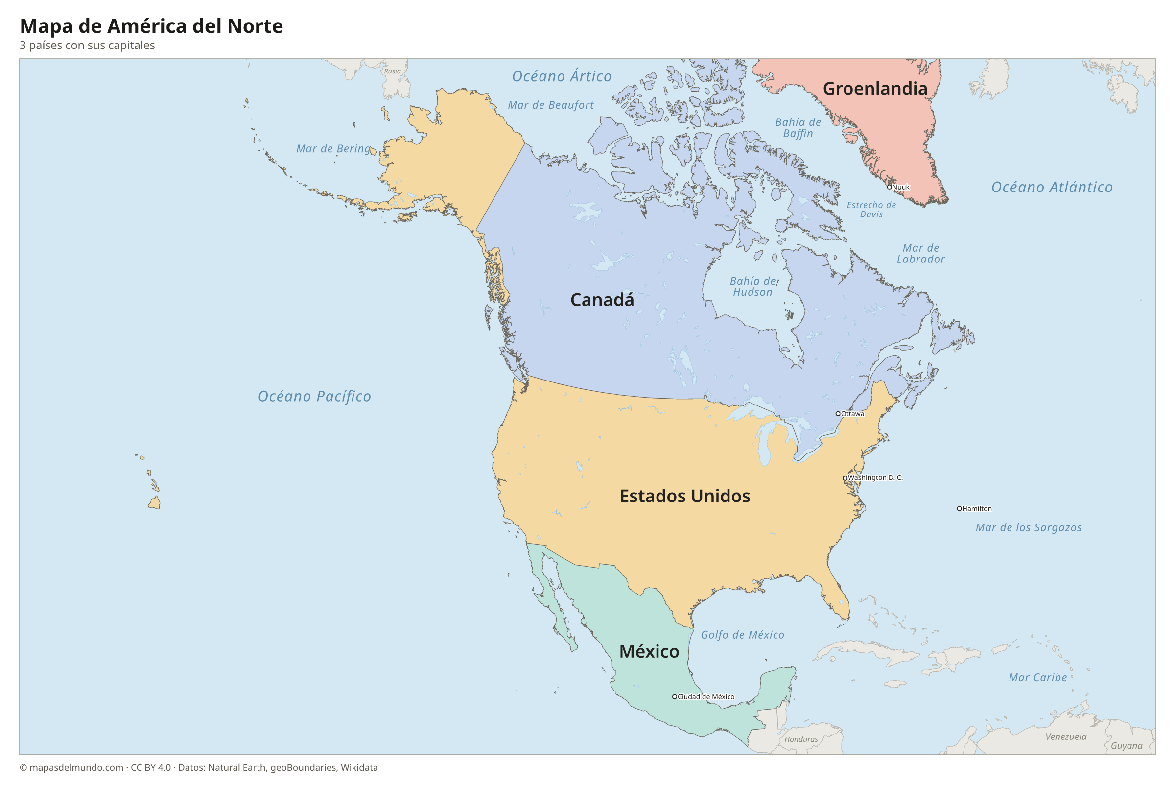 Mapa de América del Norte con los países y sus capitales