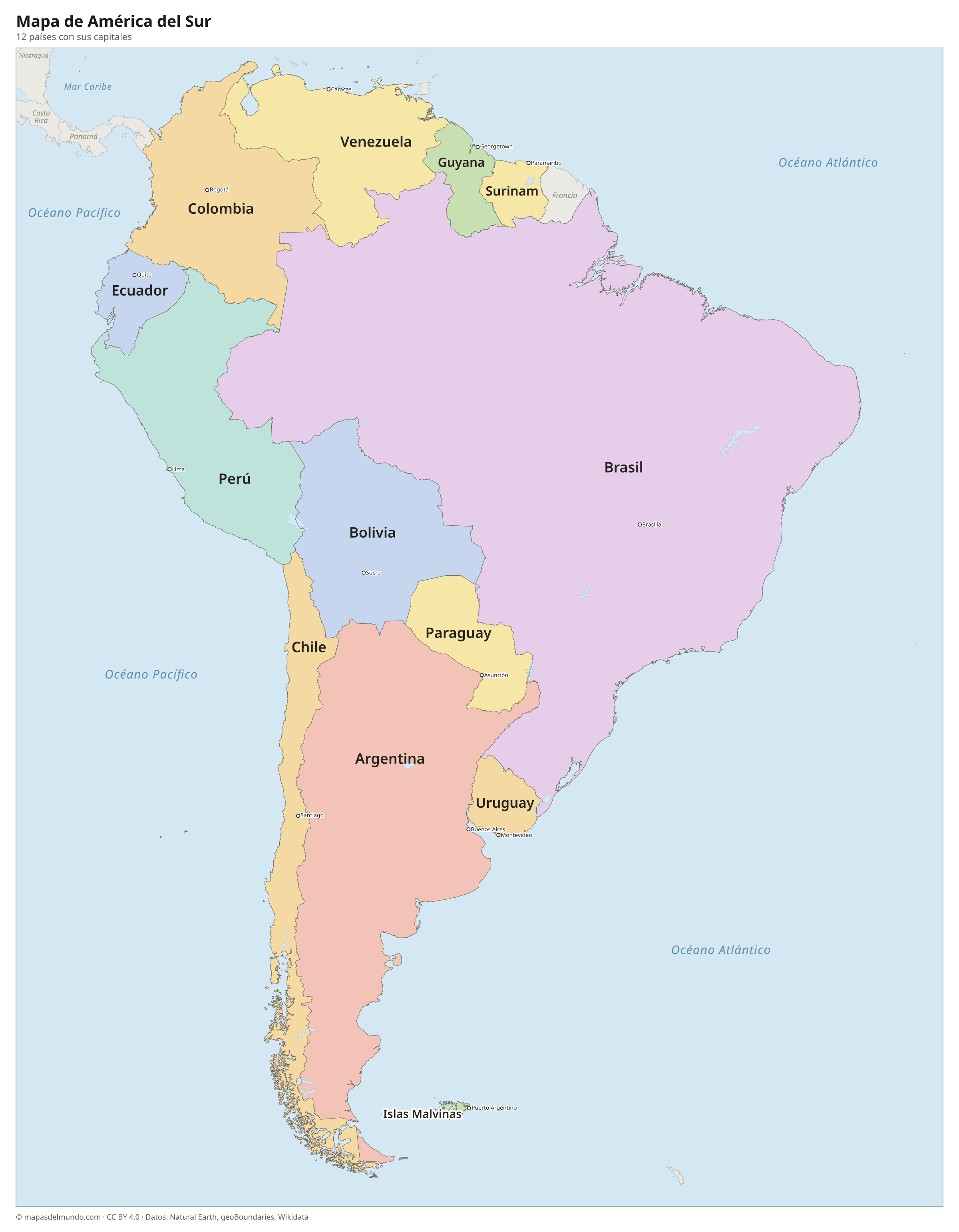 Mapa de América del Sur con los países y sus capitales