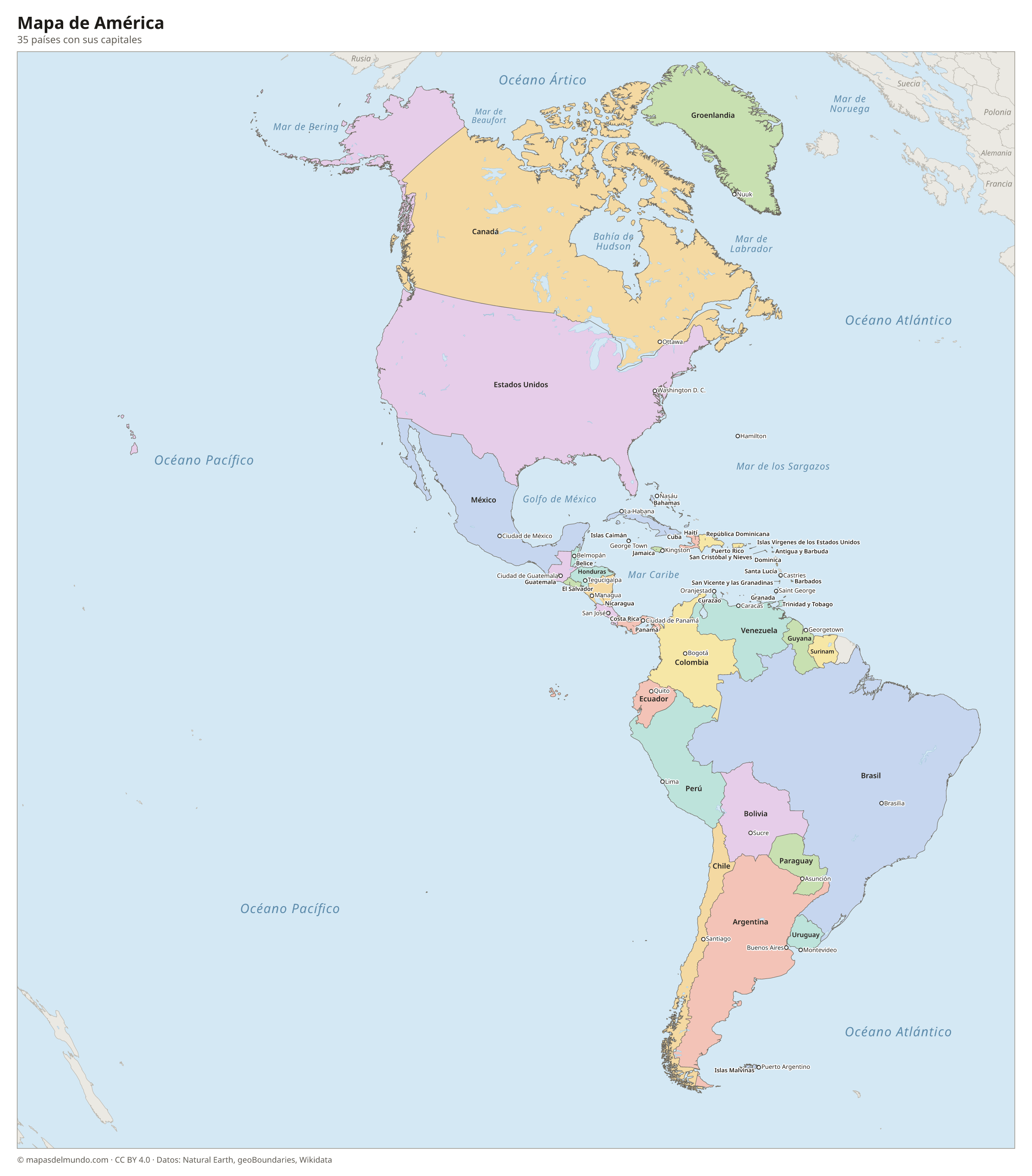 Mapa de América con los países y sus capitales