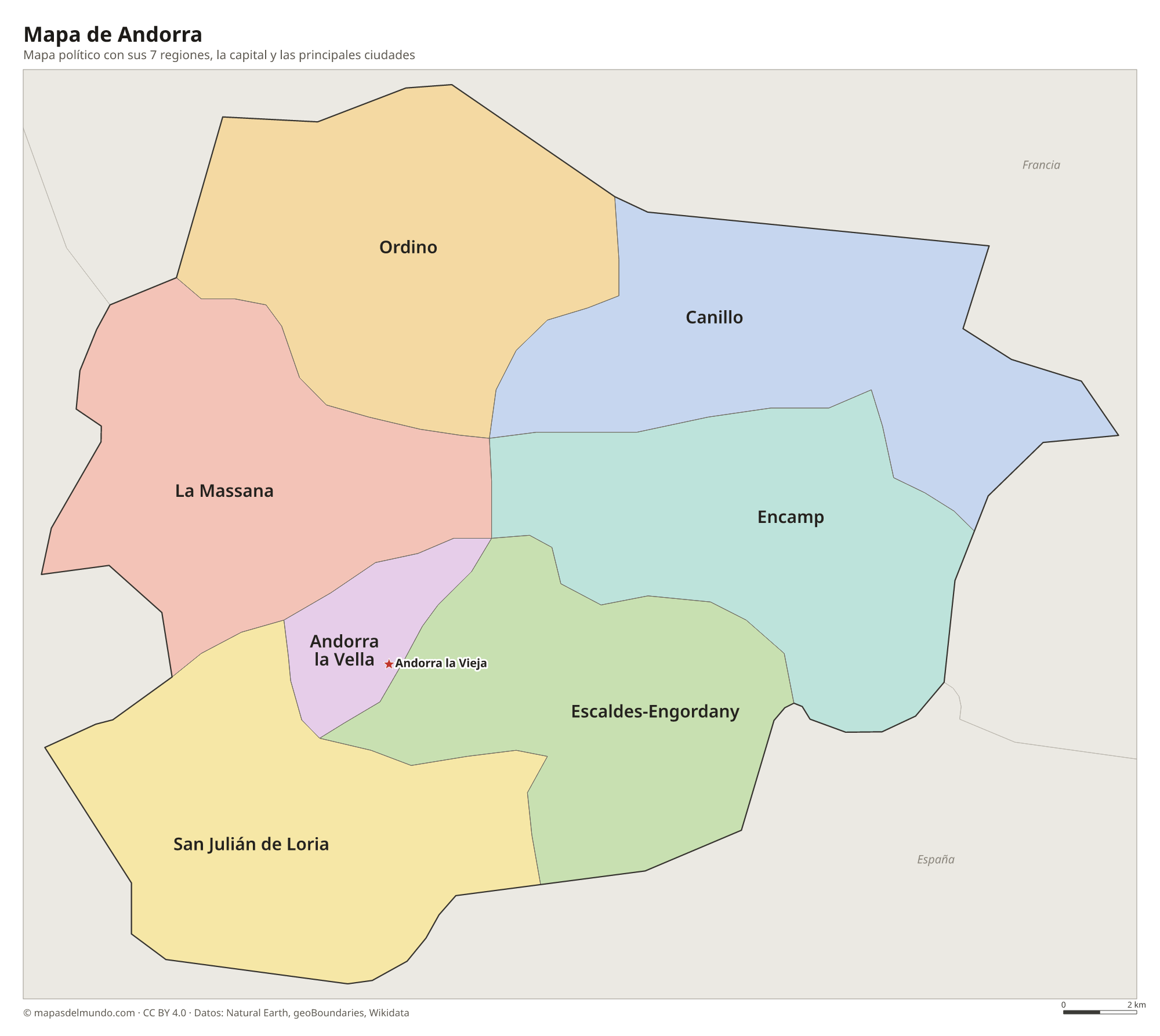 Mapa político de Andorra con sus regiones y la capital Andorra la Vieja