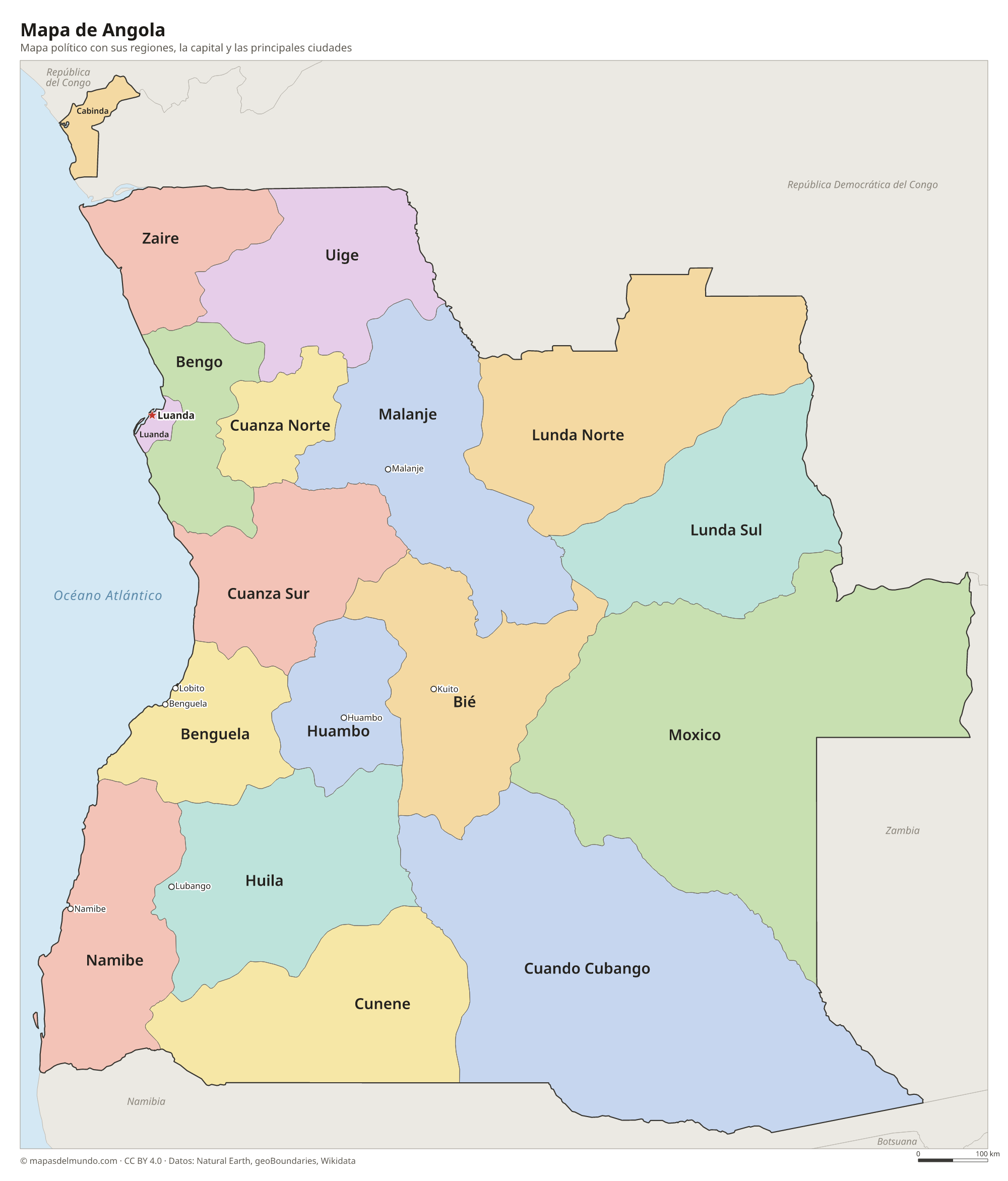 Mapa político de Angola con sus regiones y la capital Luanda