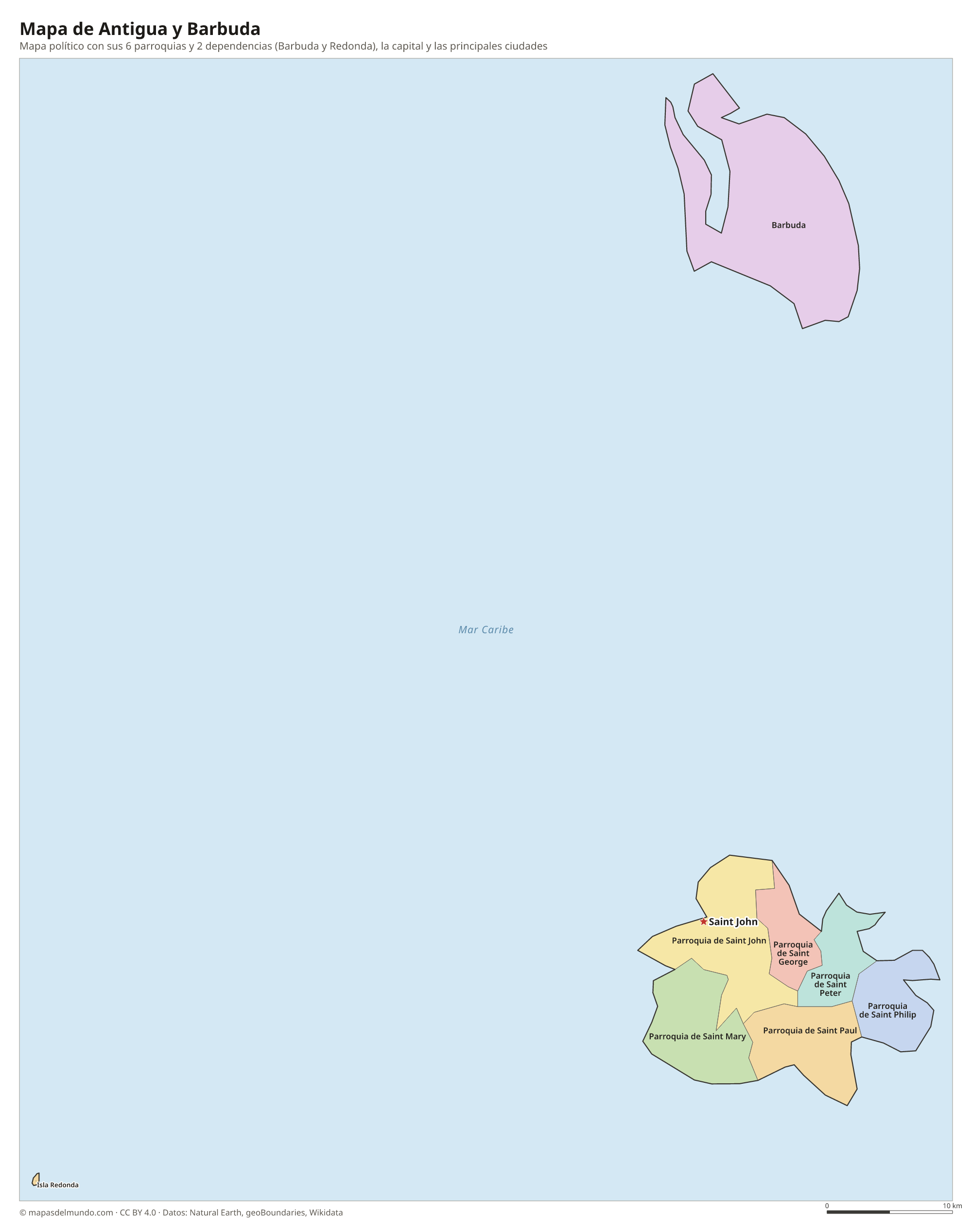 Mapa político de Antigua y Barbuda con sus regiones y la capital Saint John