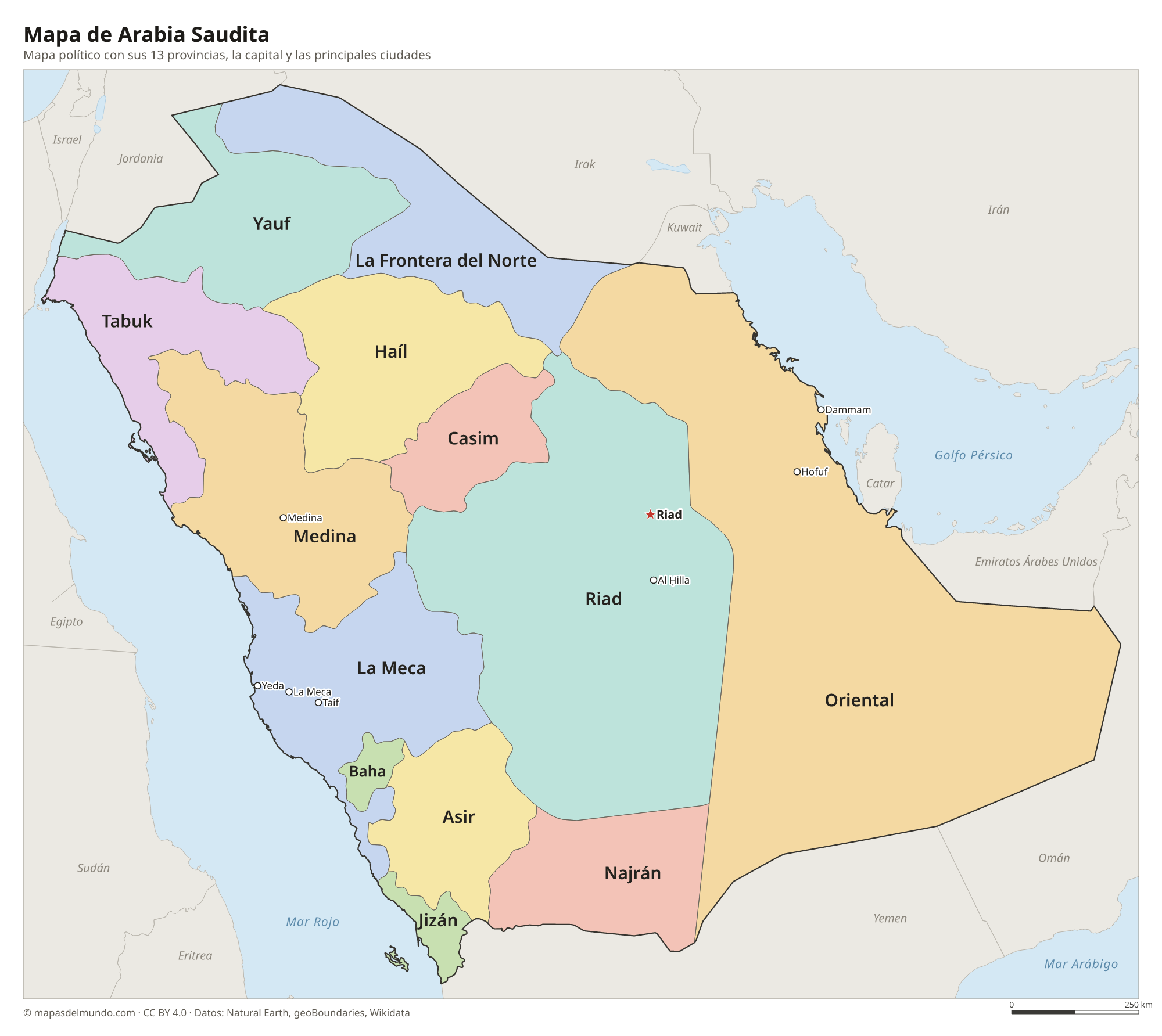 Mapa político de Arabia Saudita con sus provincias y la capital Riad