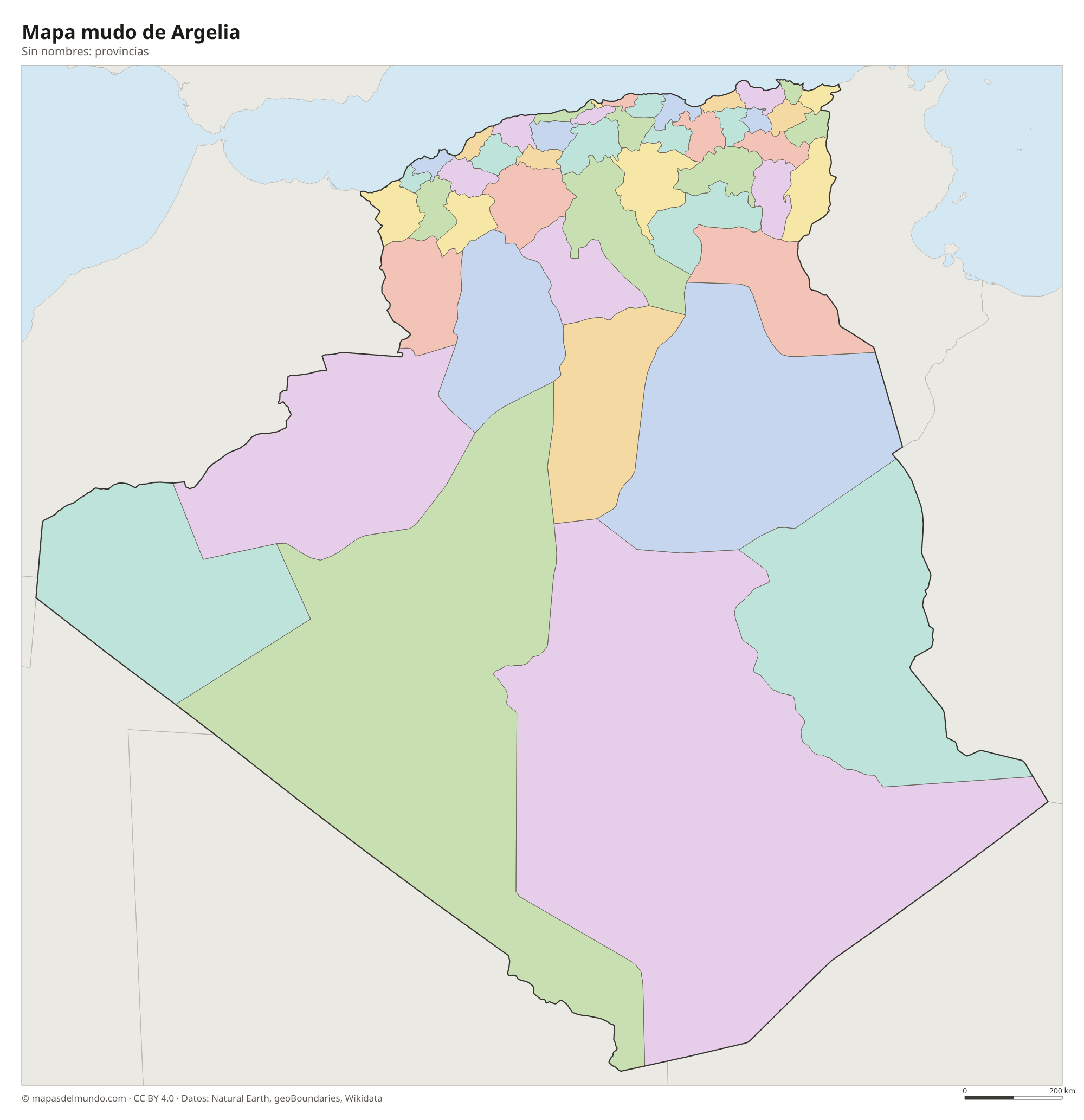 Mapa mudo de Argelia sin nombres