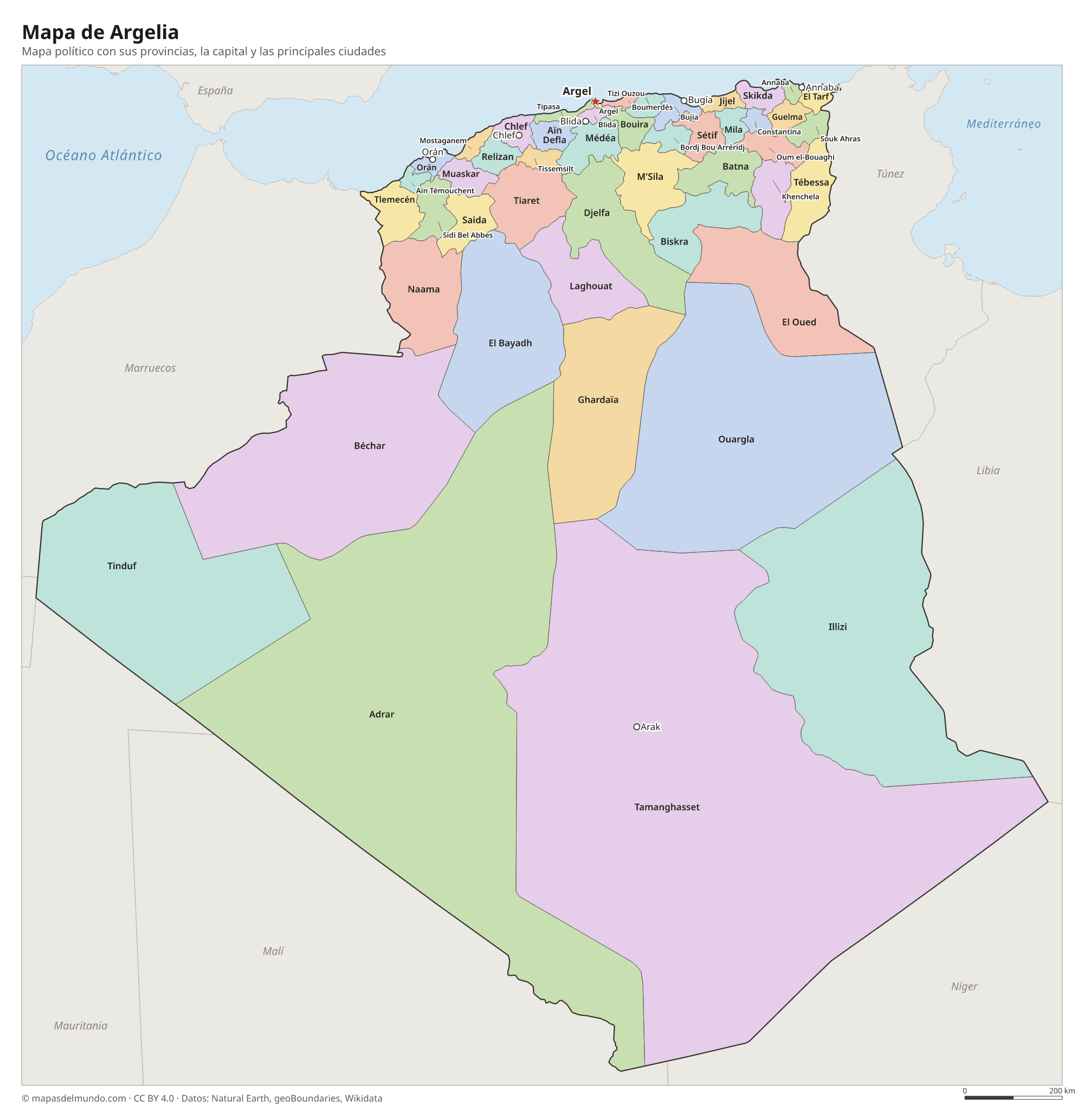 Mapa político de Argelia con sus provincias y la capital Argel