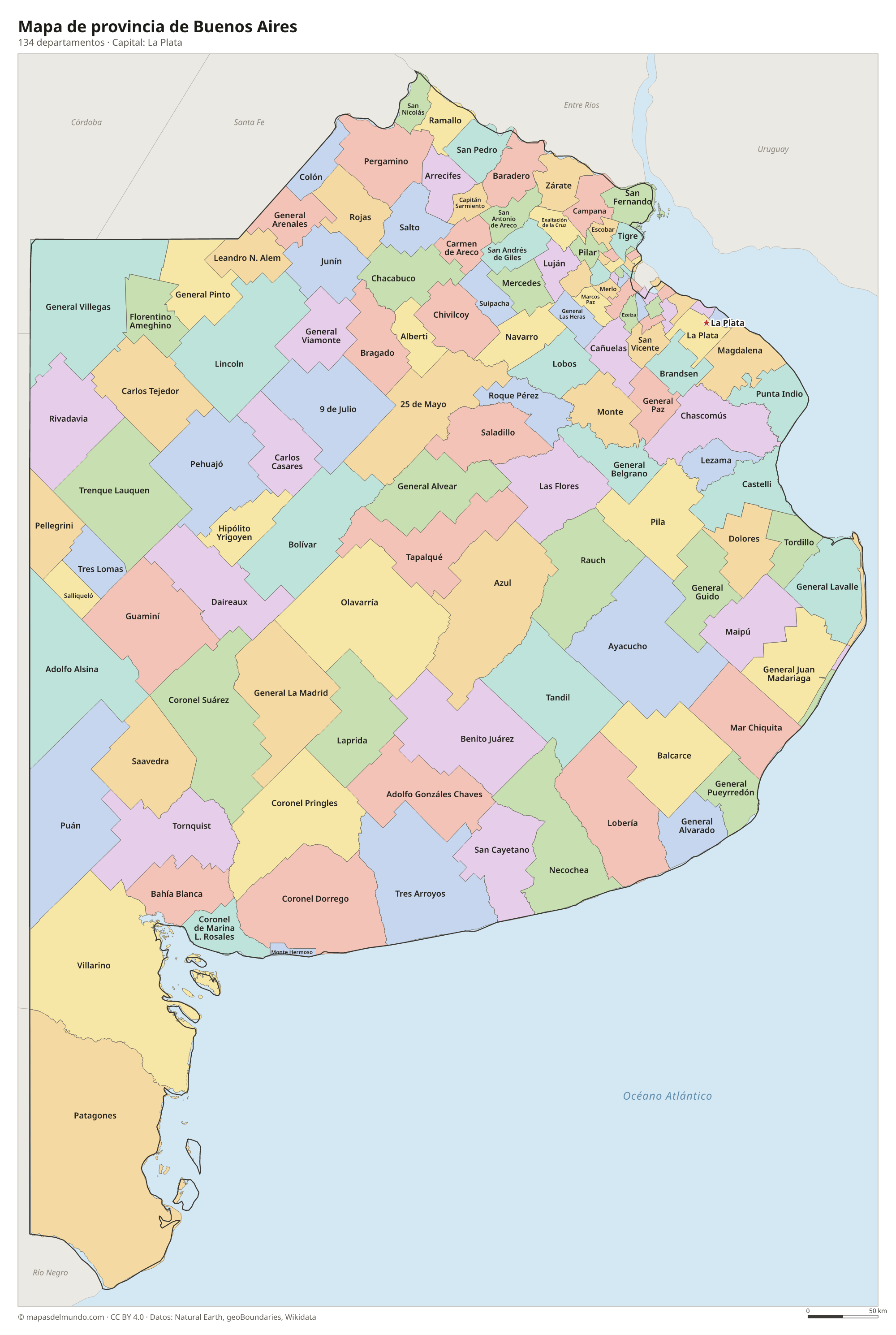 Mapa de la provincia de Buenos Aires con sus 134 departamentos