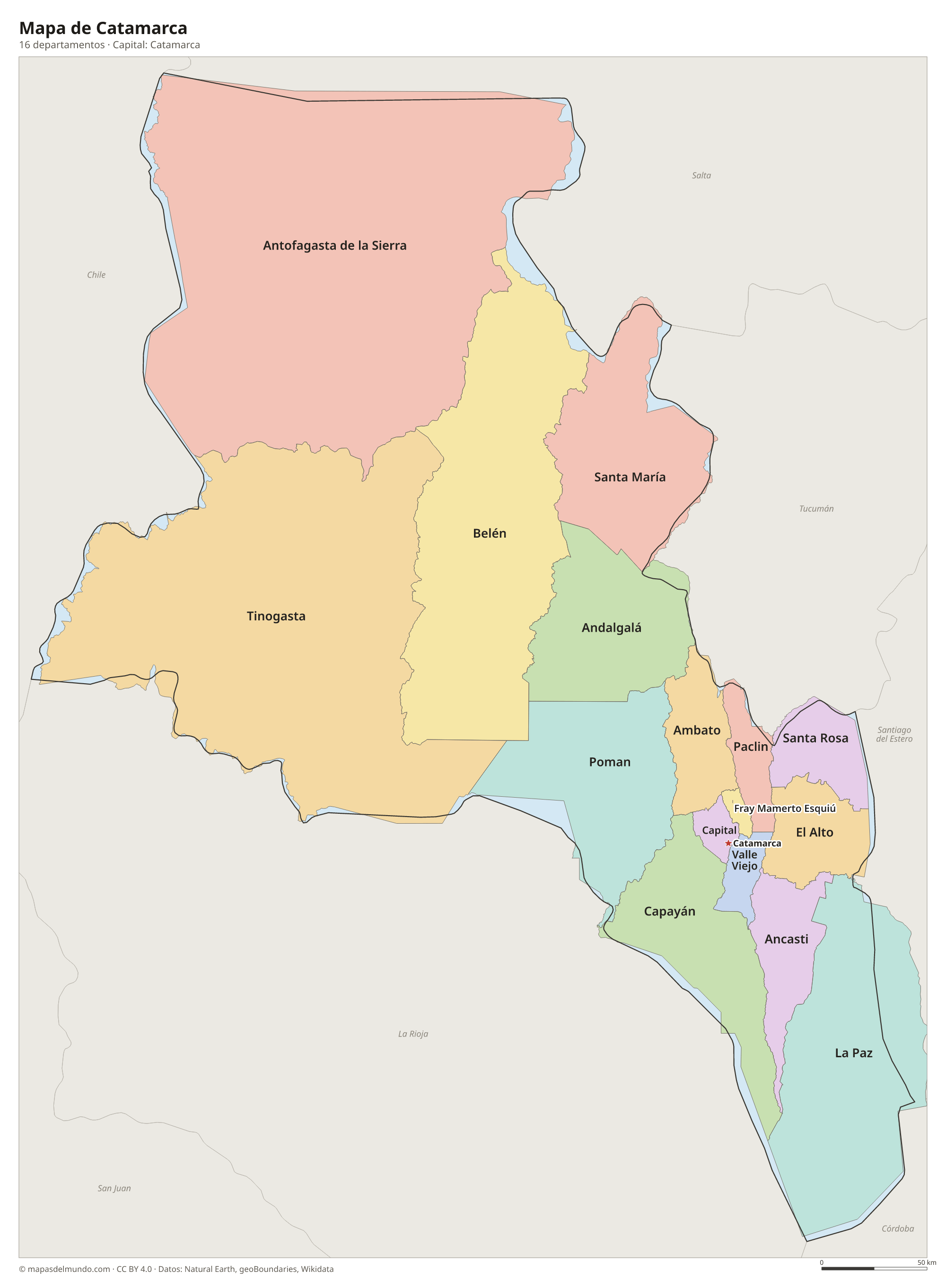 Mapa de Catamarca con sus 16 departamentos