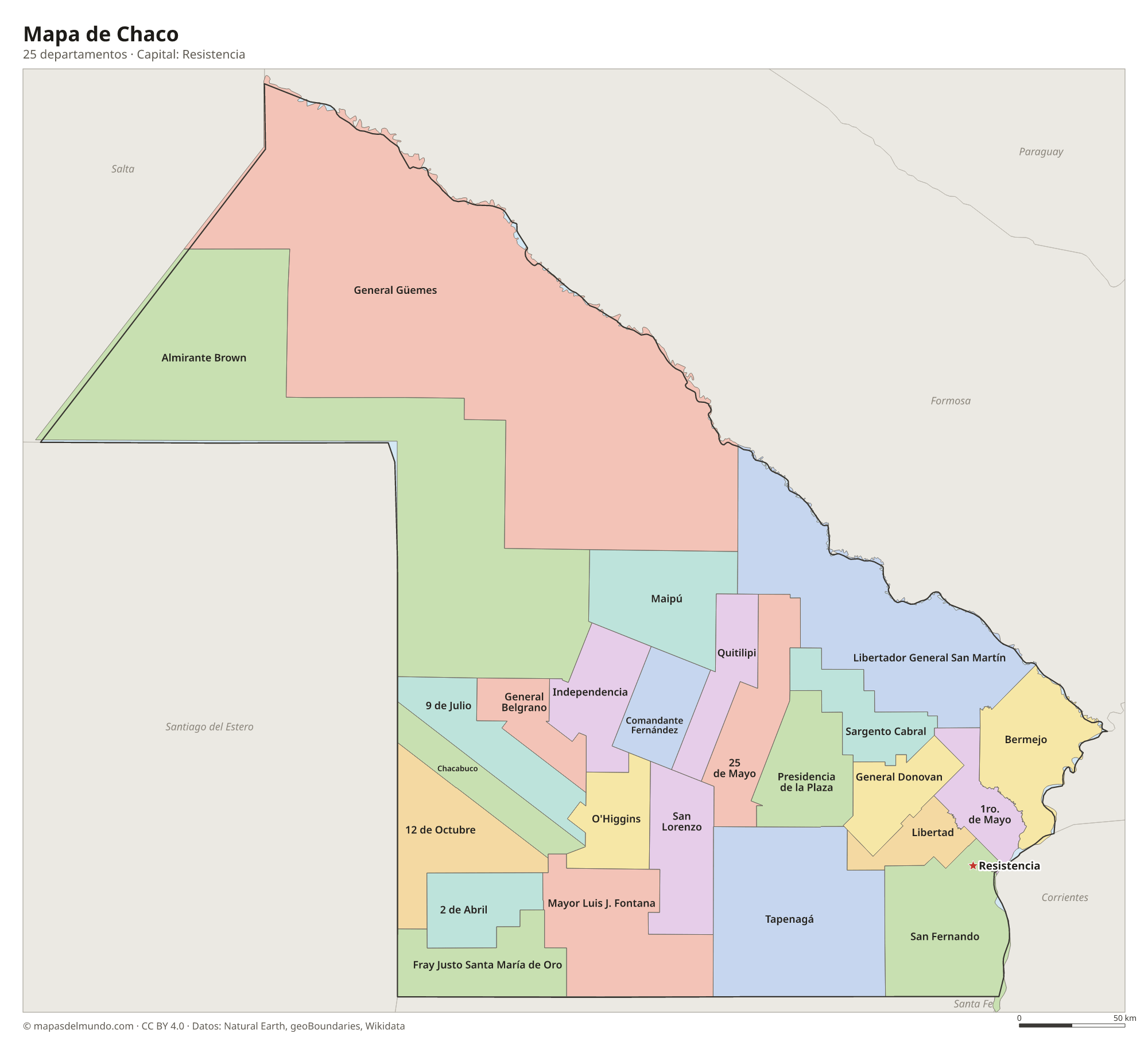 Mapa de Chaco con sus 25 departamentos