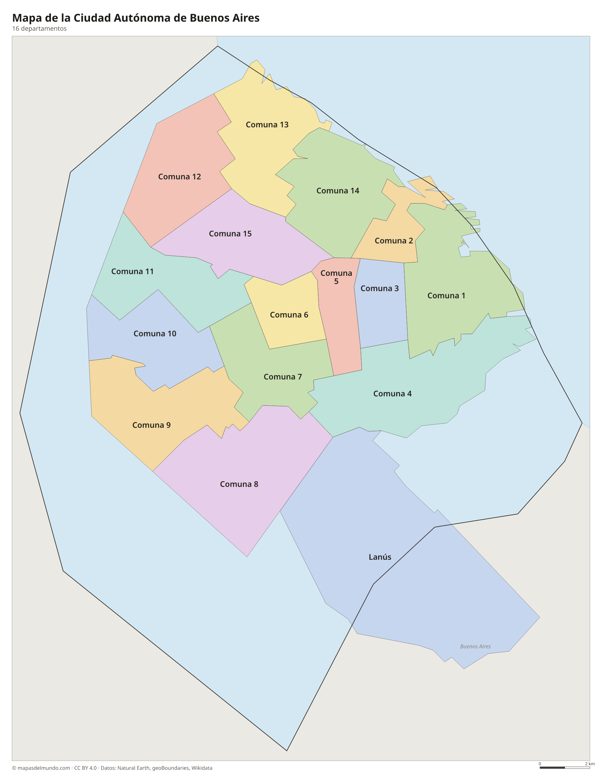 Mapa de la Ciudad Autónoma de Buenos Aires con sus 16 departamentos