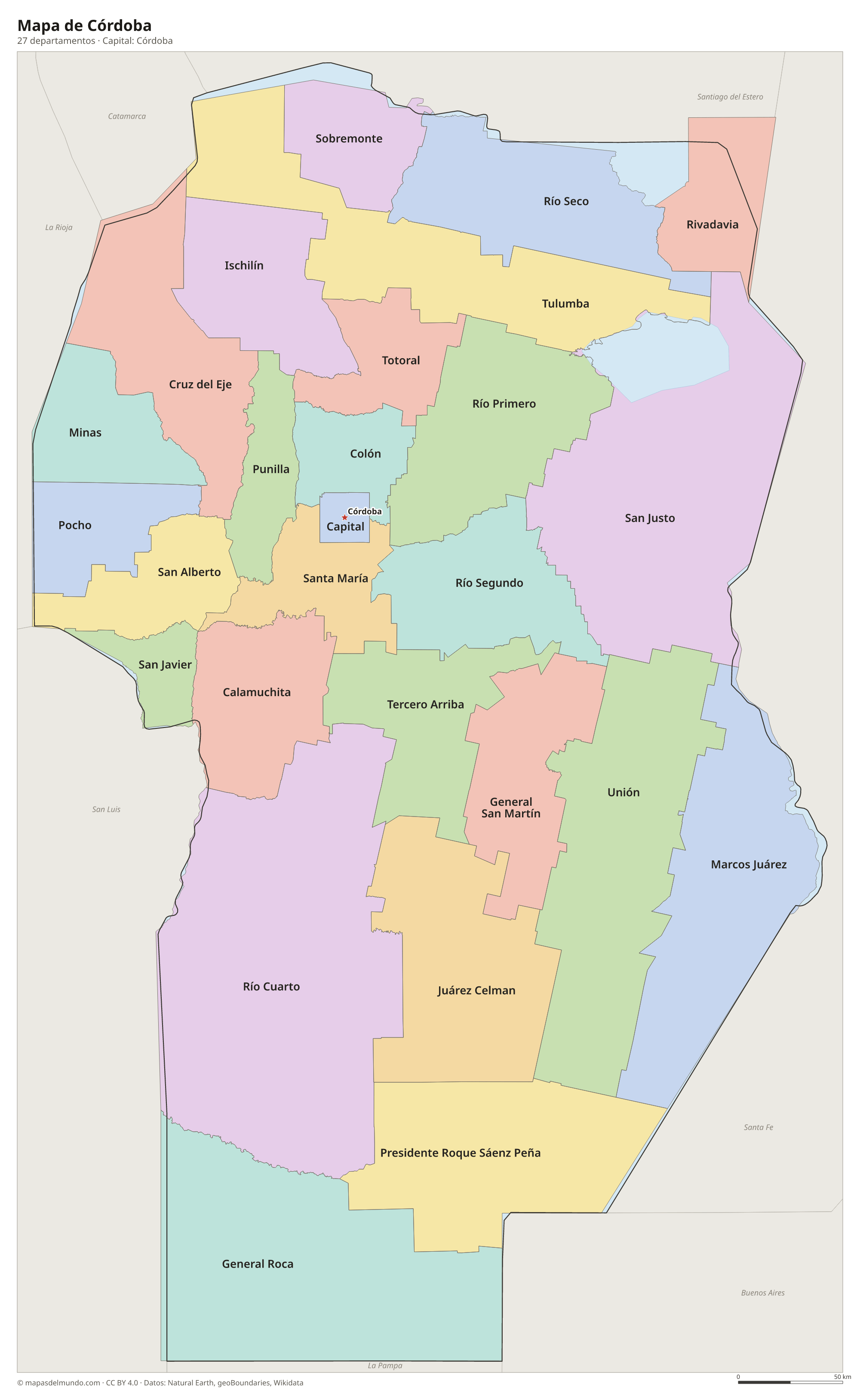 Mapa de Córdoba con sus 27 departamentos