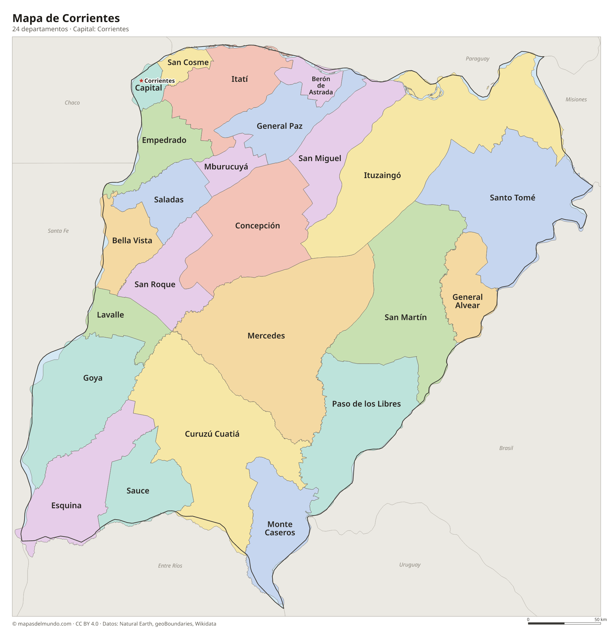 Mapa de Corrientes con sus 24 departamentos
