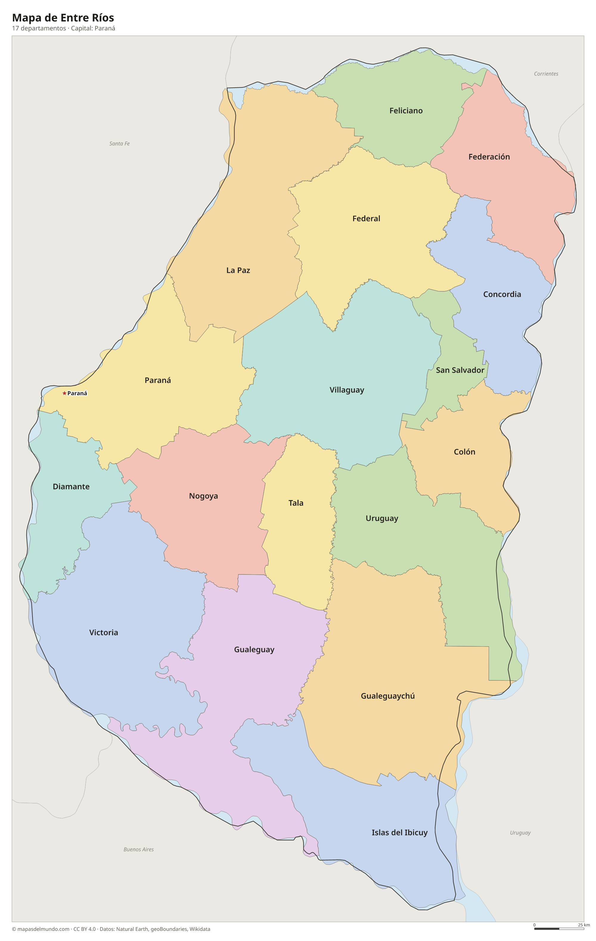 Mapa de Entre Ríos con sus 17 departamentos