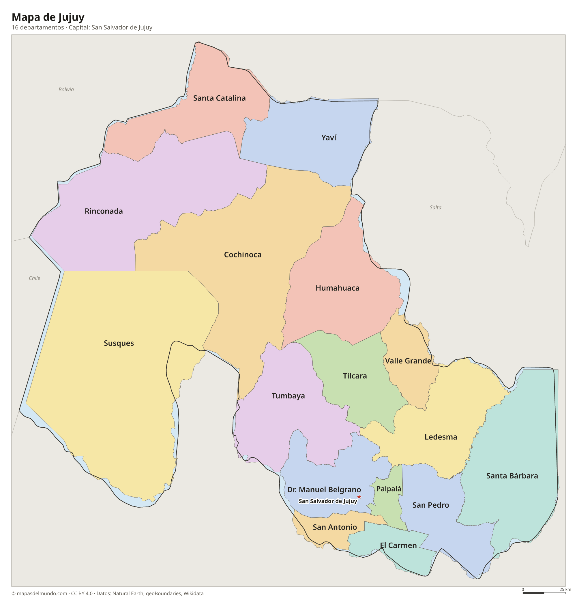 Mapa de Jujuy con sus 16 departamentos