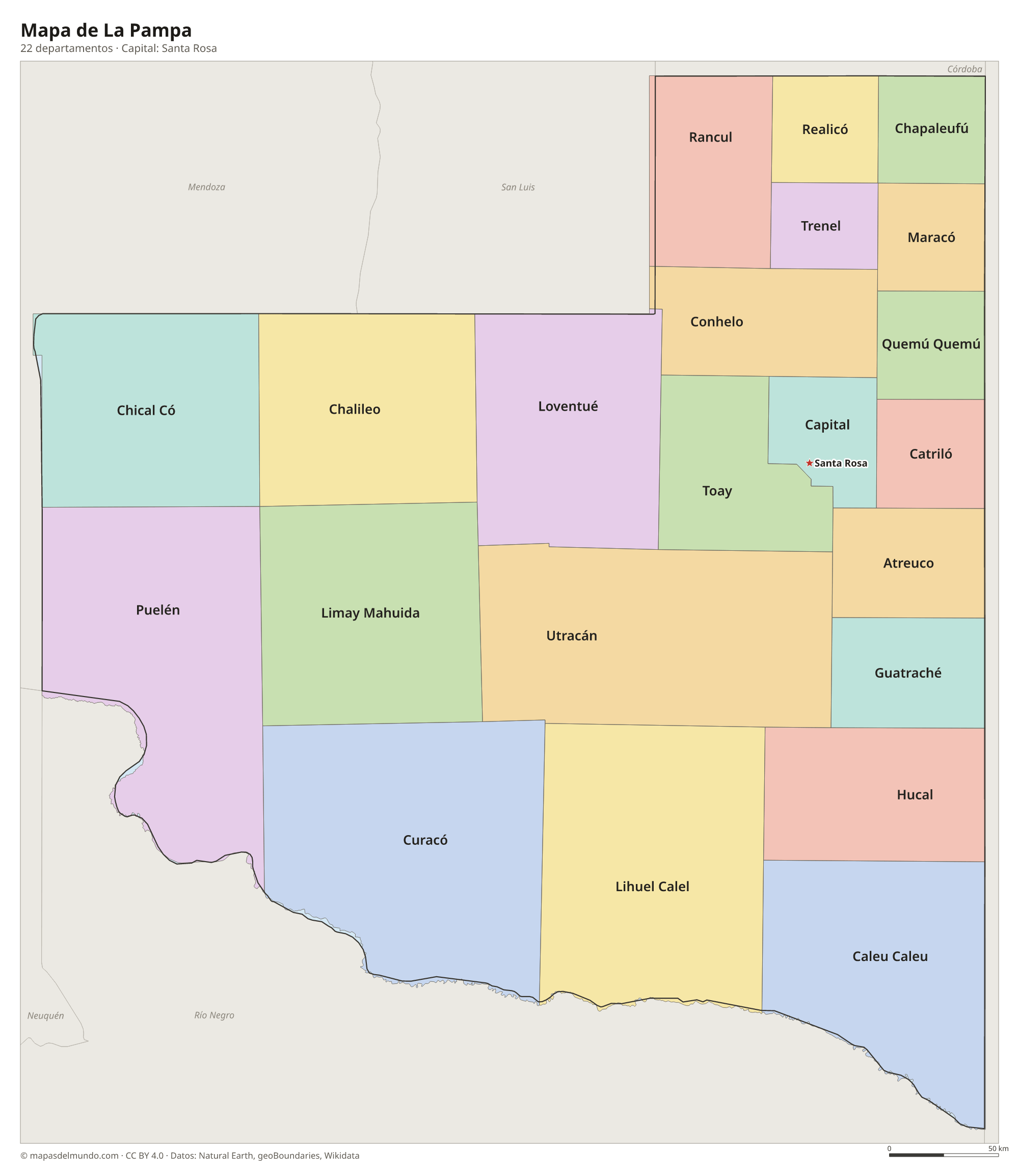 Mapa de La Pampa con sus 22 departamentos
