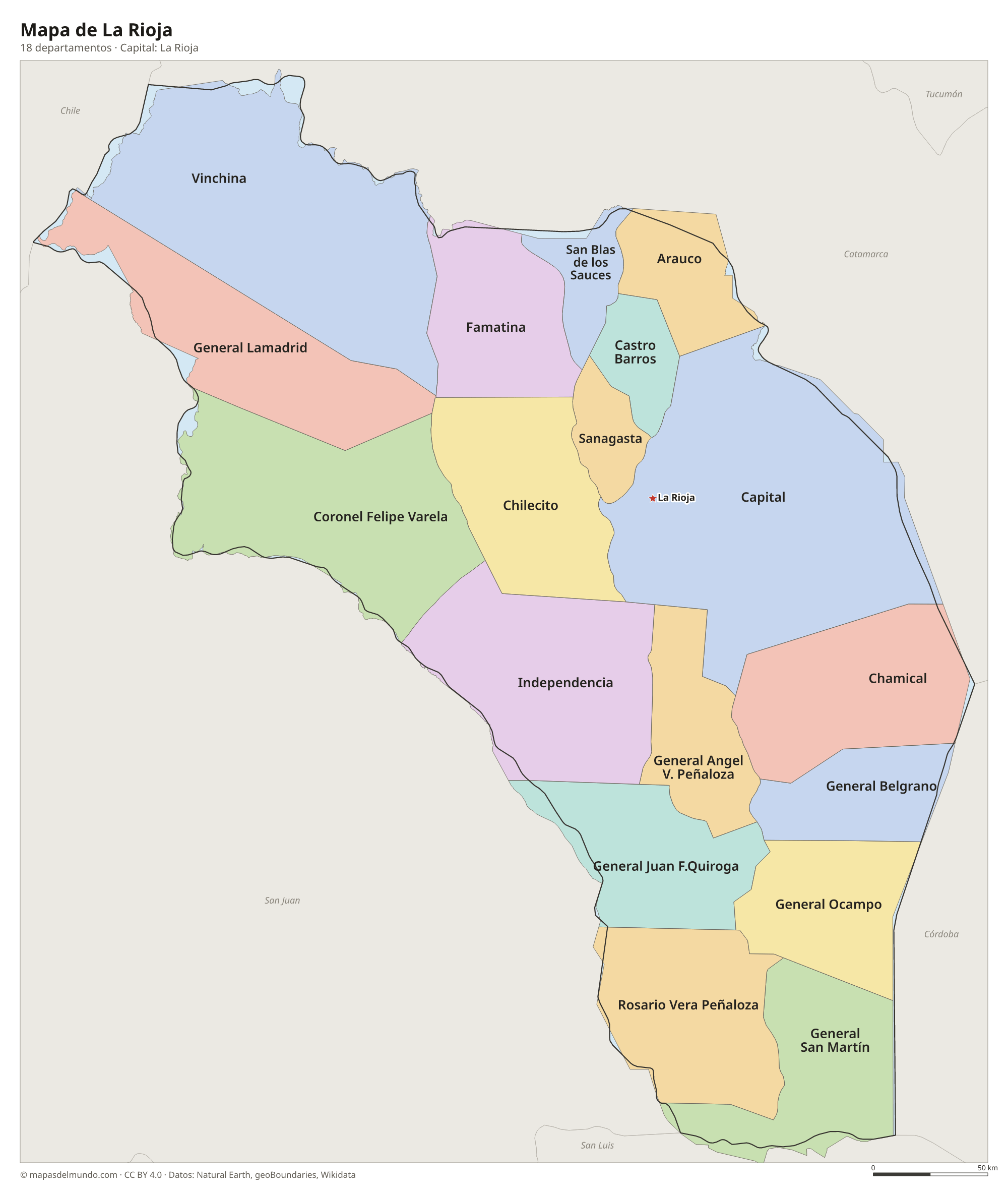 Mapa de La Rioja con sus 18 departamentos