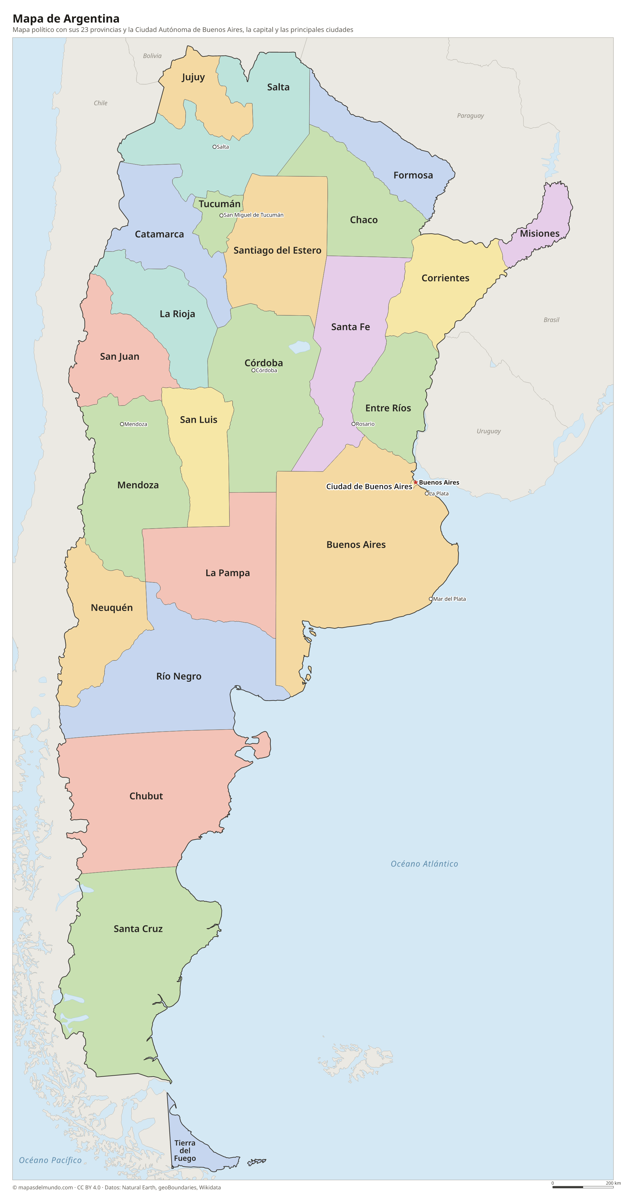 Mapa político de Argentina con sus provincias y la capital Buenos Aires