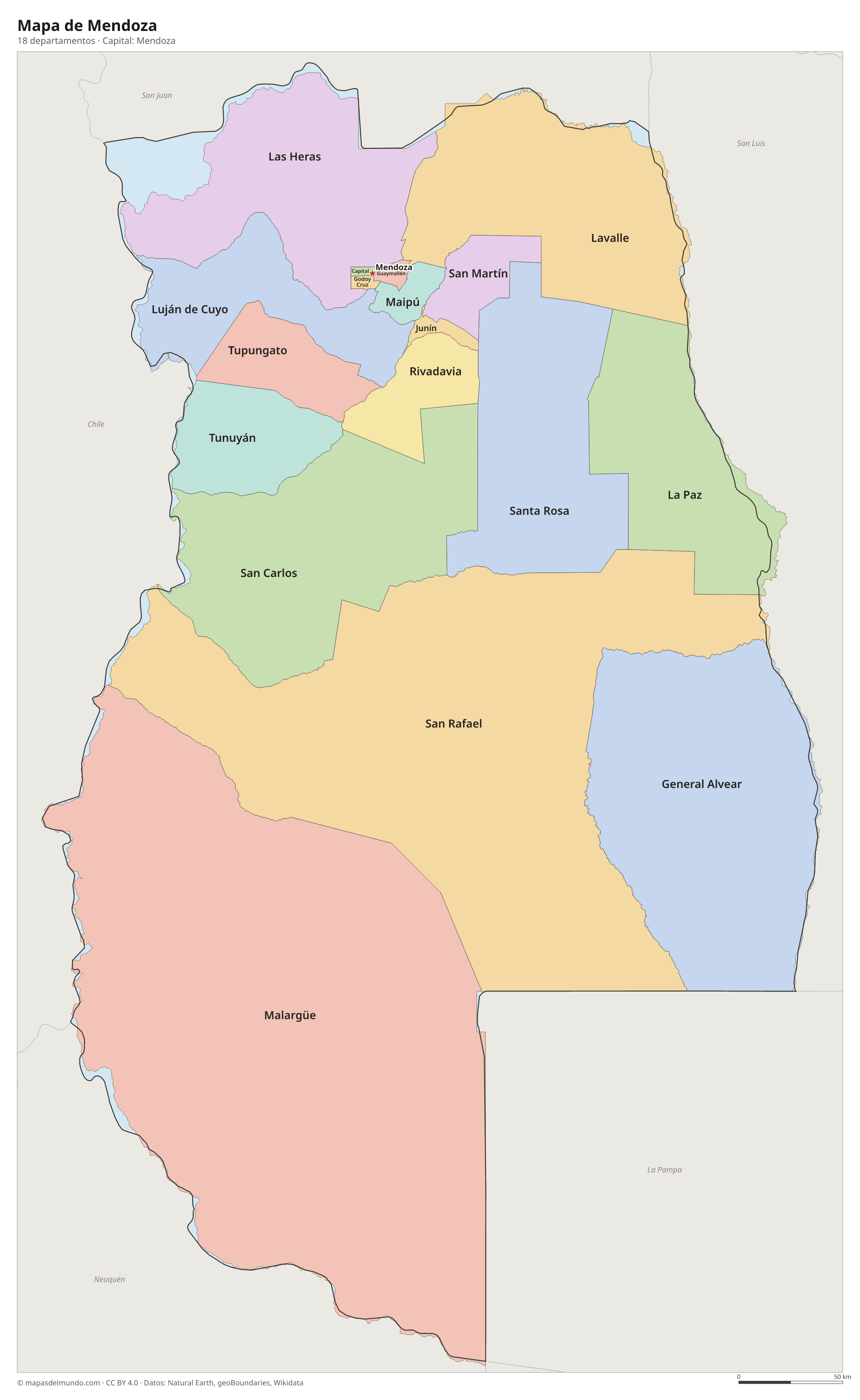 Mapa de Mendoza con sus 18 departamentos