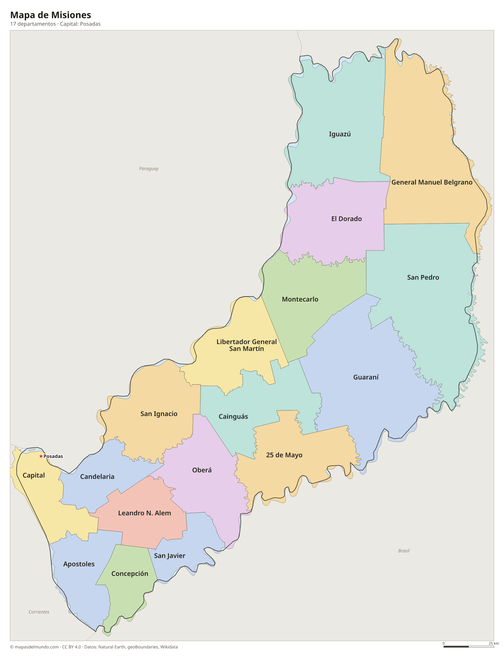 Mapa de Misiones con sus 17 departamentos