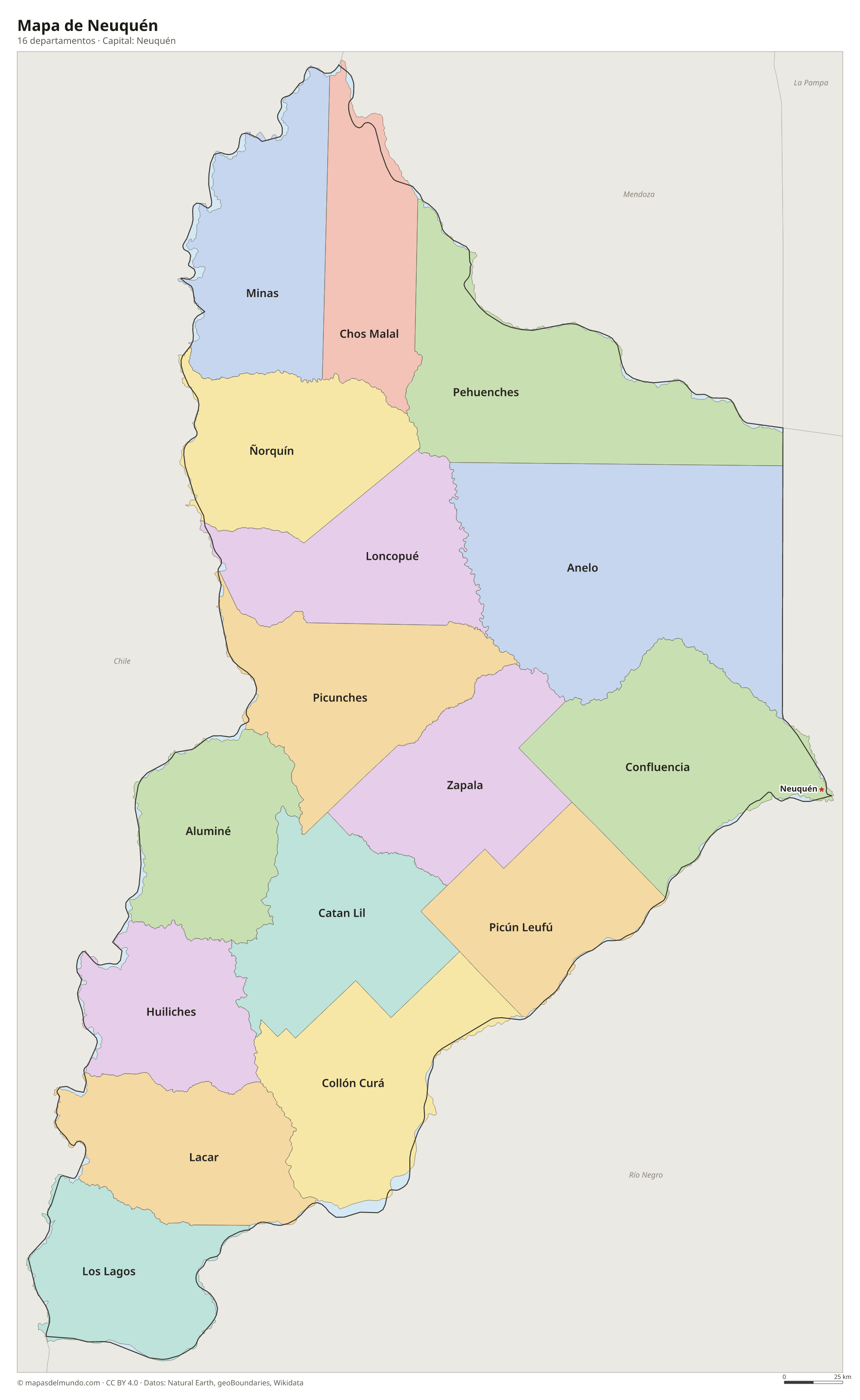 Mapa de Neuquén con sus 16 departamentos