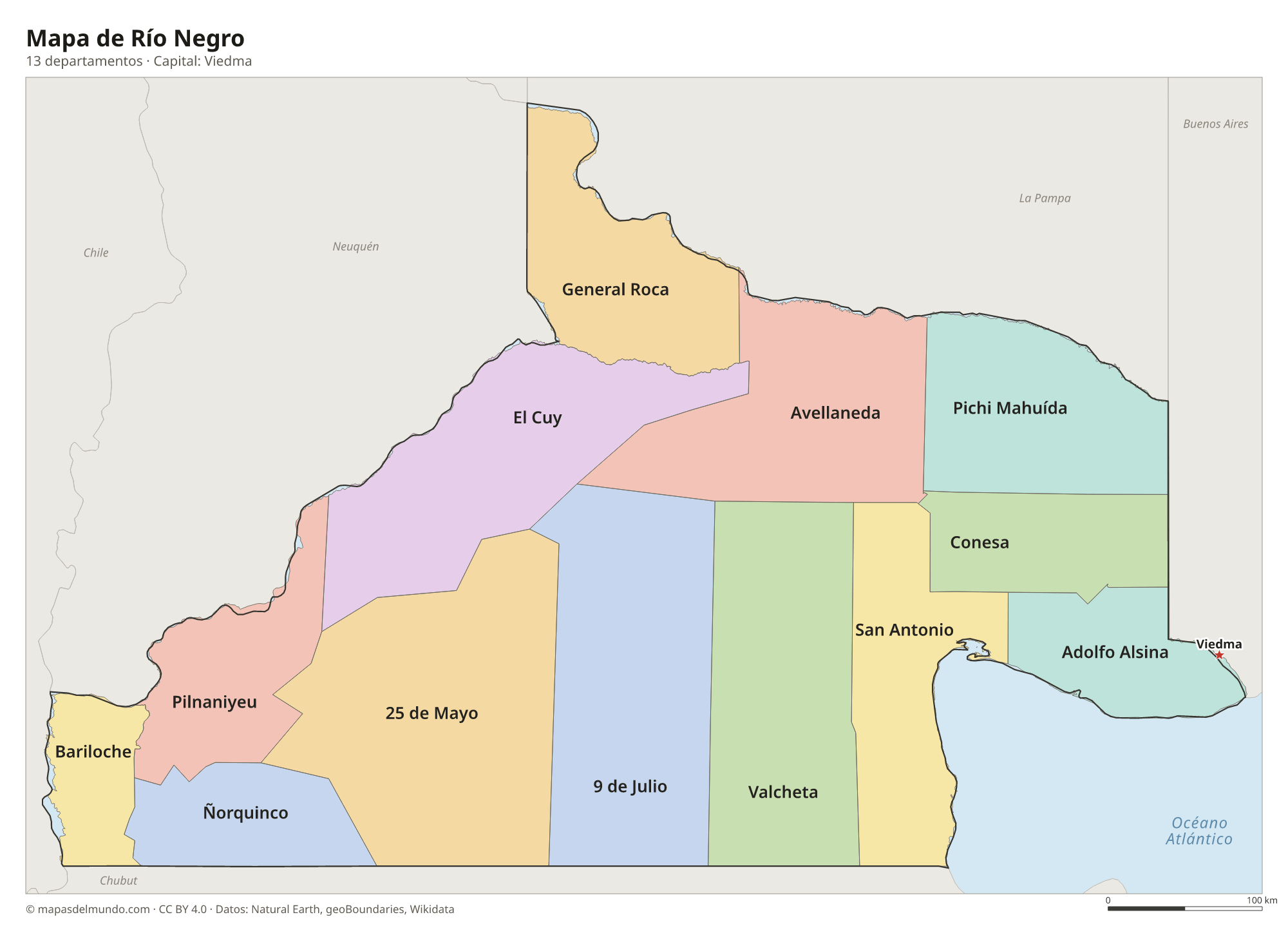Mapa de Río Negro con sus 13 departamentos