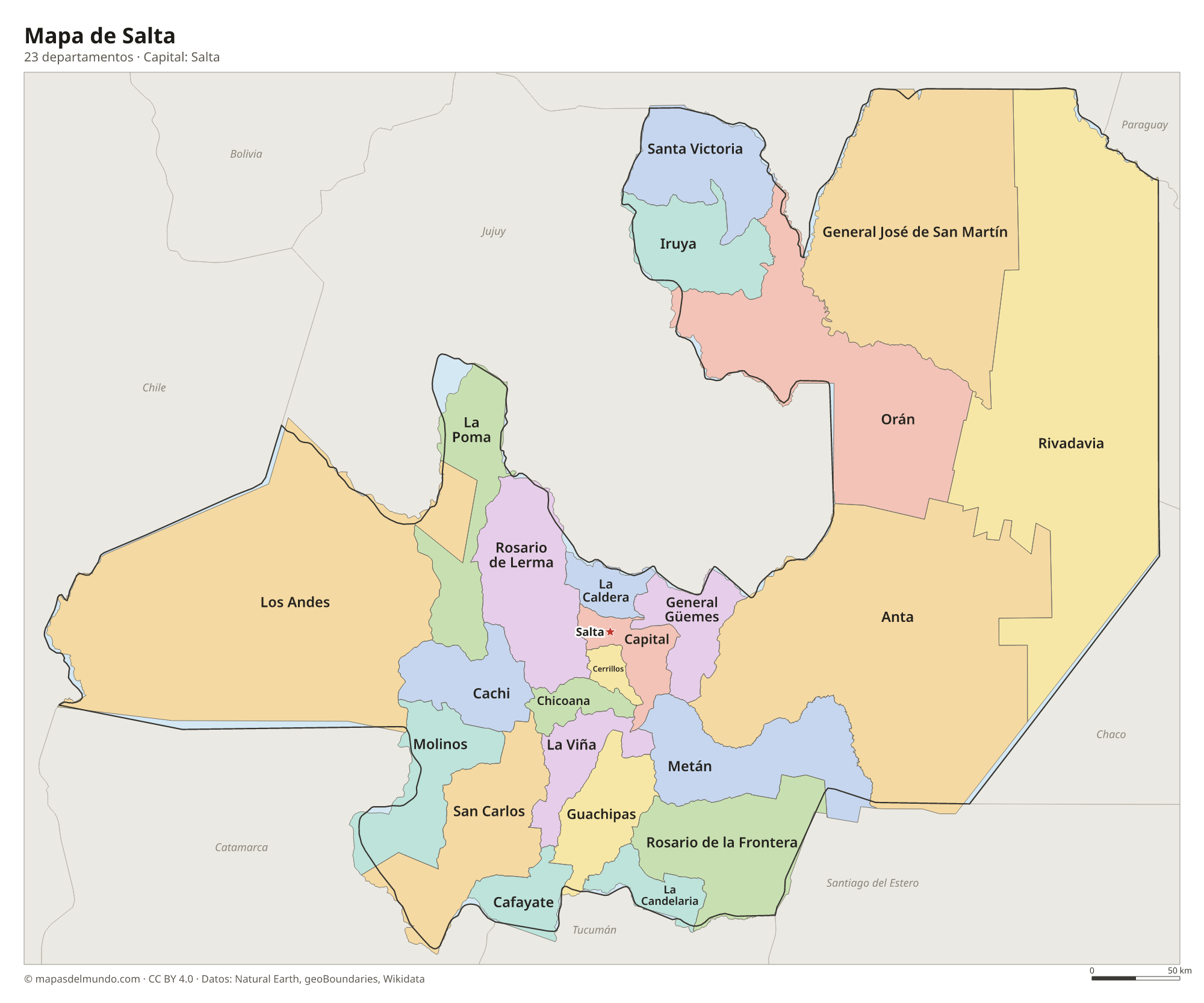Mapa de Salta con sus 23 departamentos