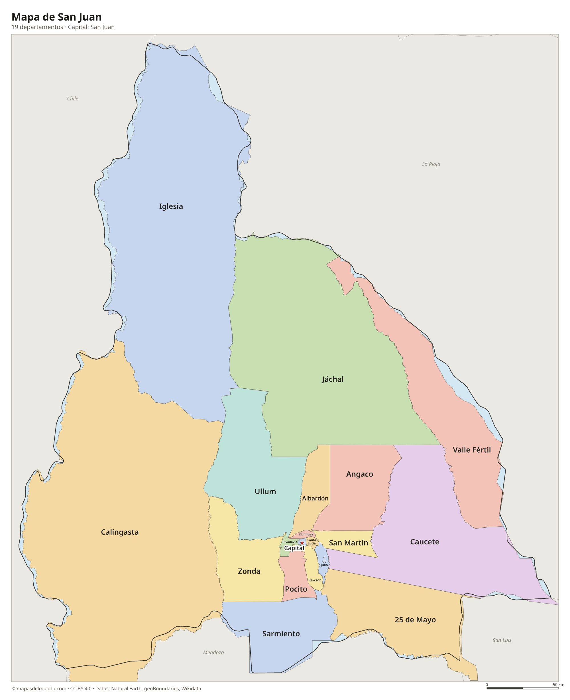 Mapa de San Juan con sus 19 departamentos