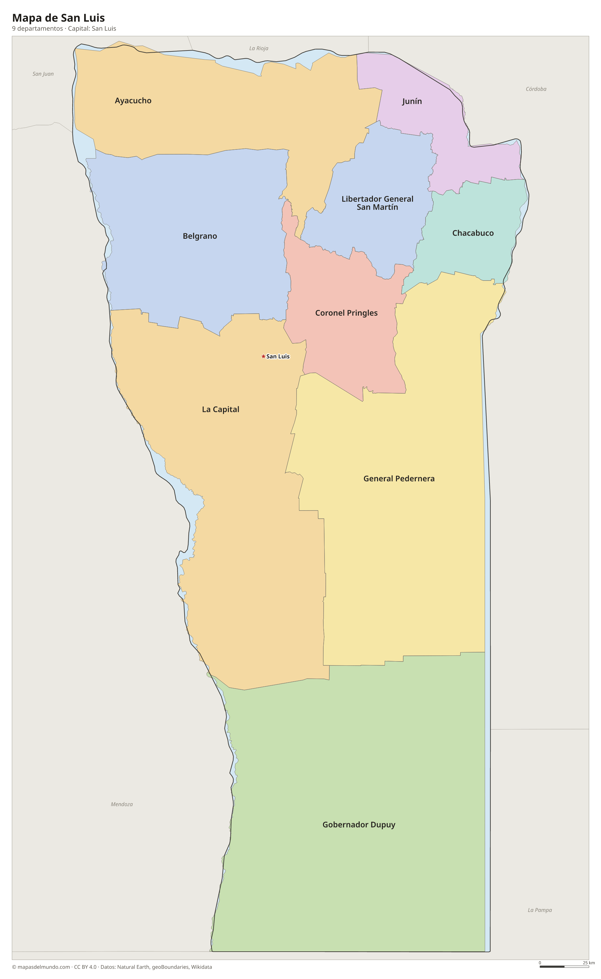 Mapa de San Luis con sus 9 departamentos