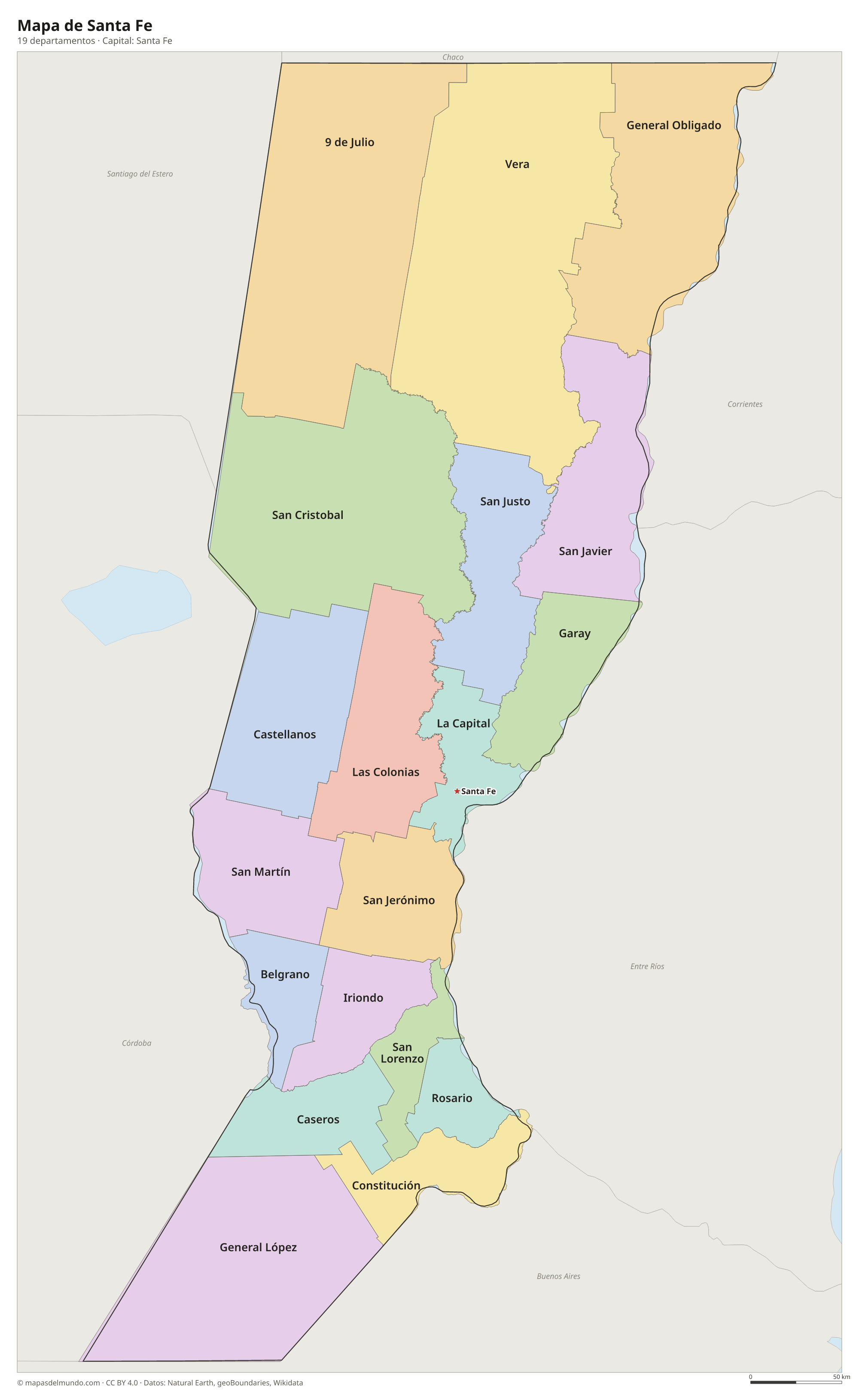 Mapa de Santa Fe con sus 19 departamentos