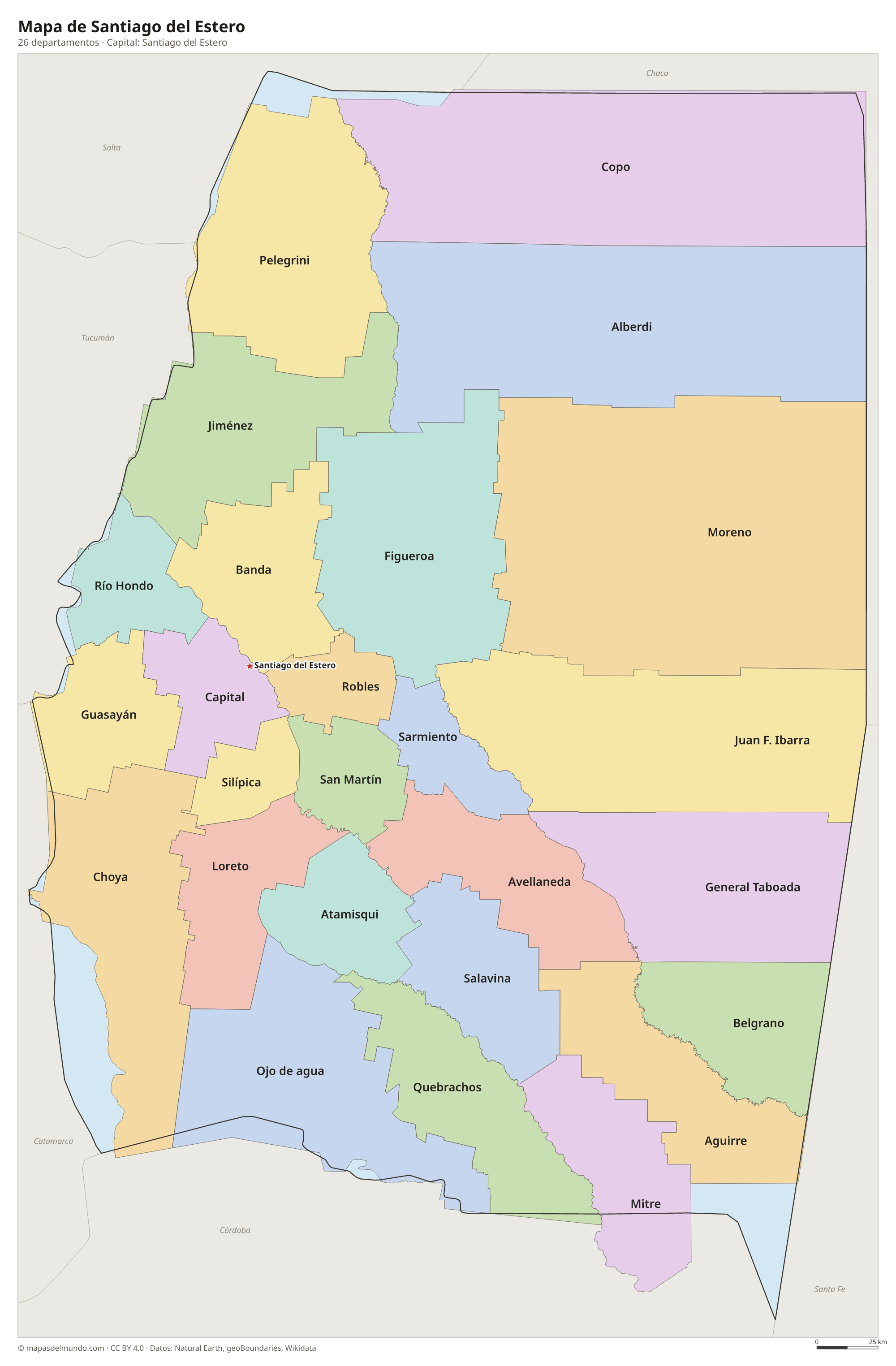 Mapa de Santiago del Estero con sus 26 departamentos