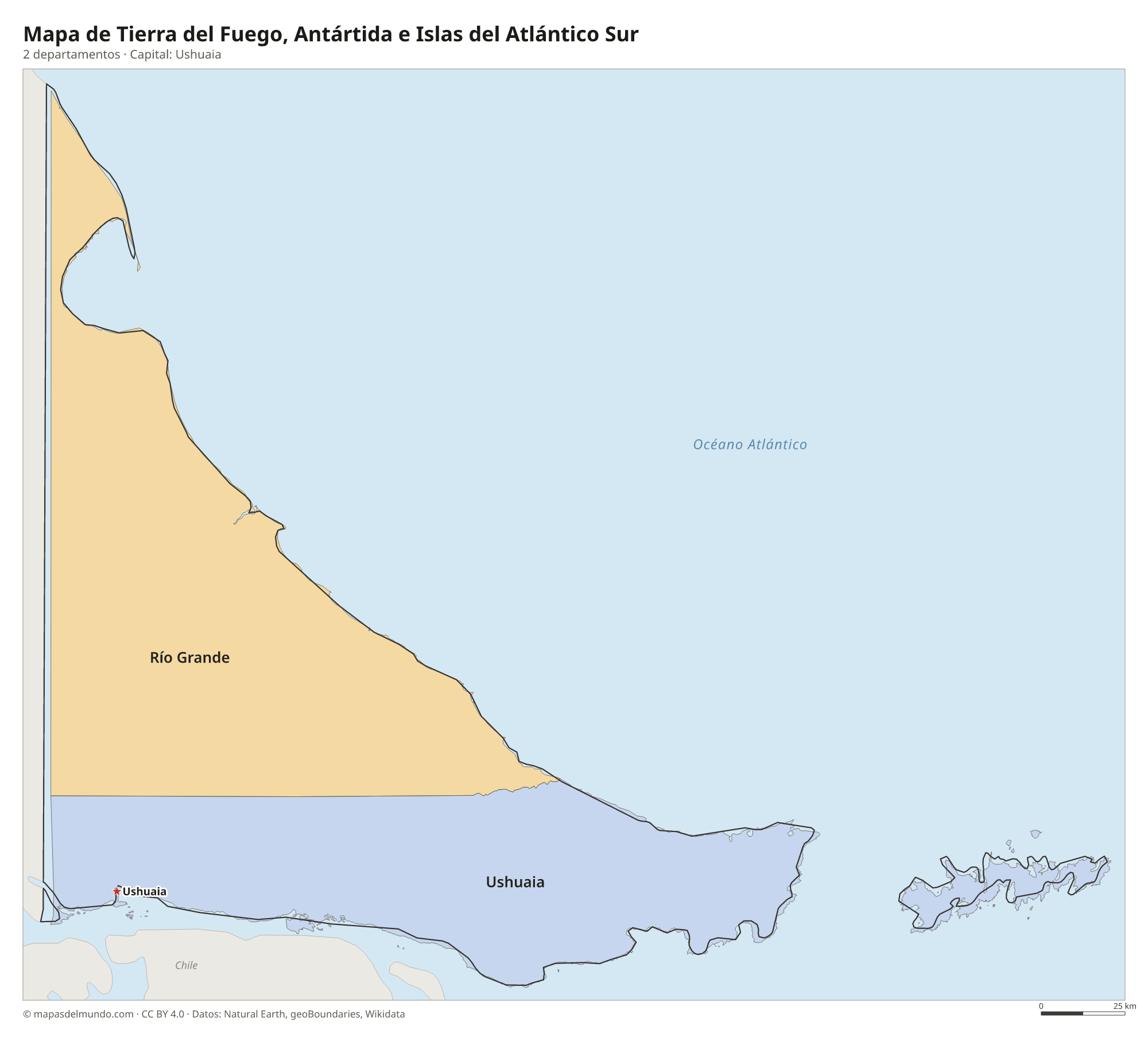 Mapa de Tierra del Fuego, Antártida e Islas del Atlántico Sur con sus 2 departamentos
