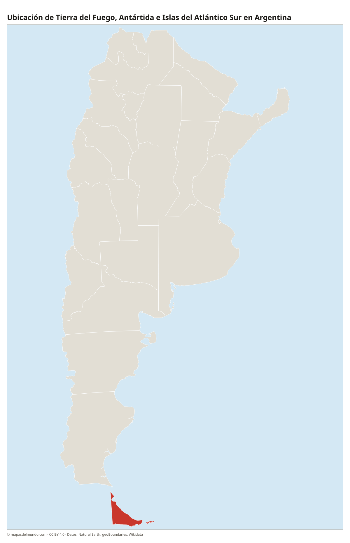 Ubicación de Tierra del Fuego, Antártida e Islas del Atlántico Sur en el mapa de Argentina