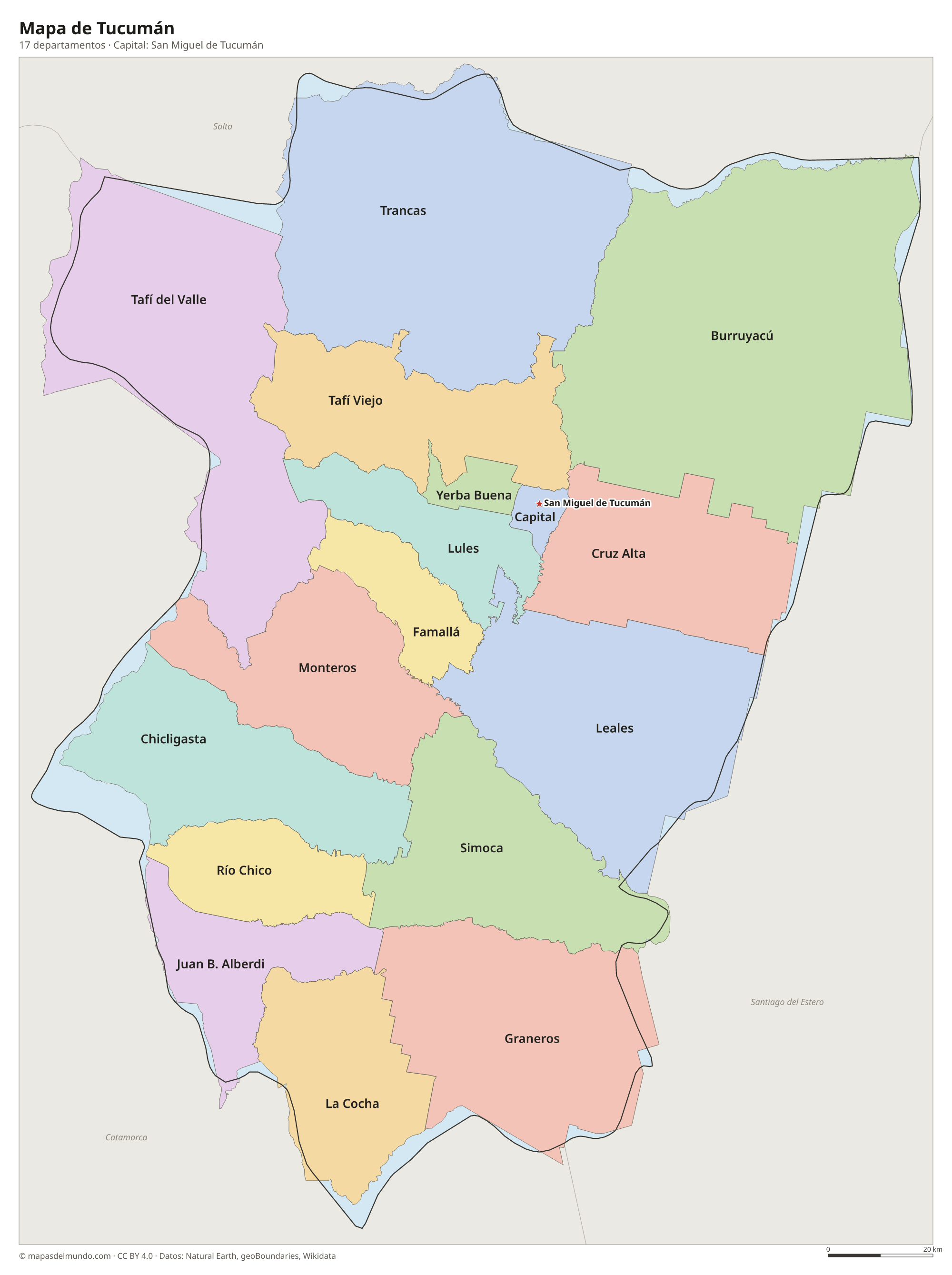 Mapa de Tucumán con sus 17 departamentos
