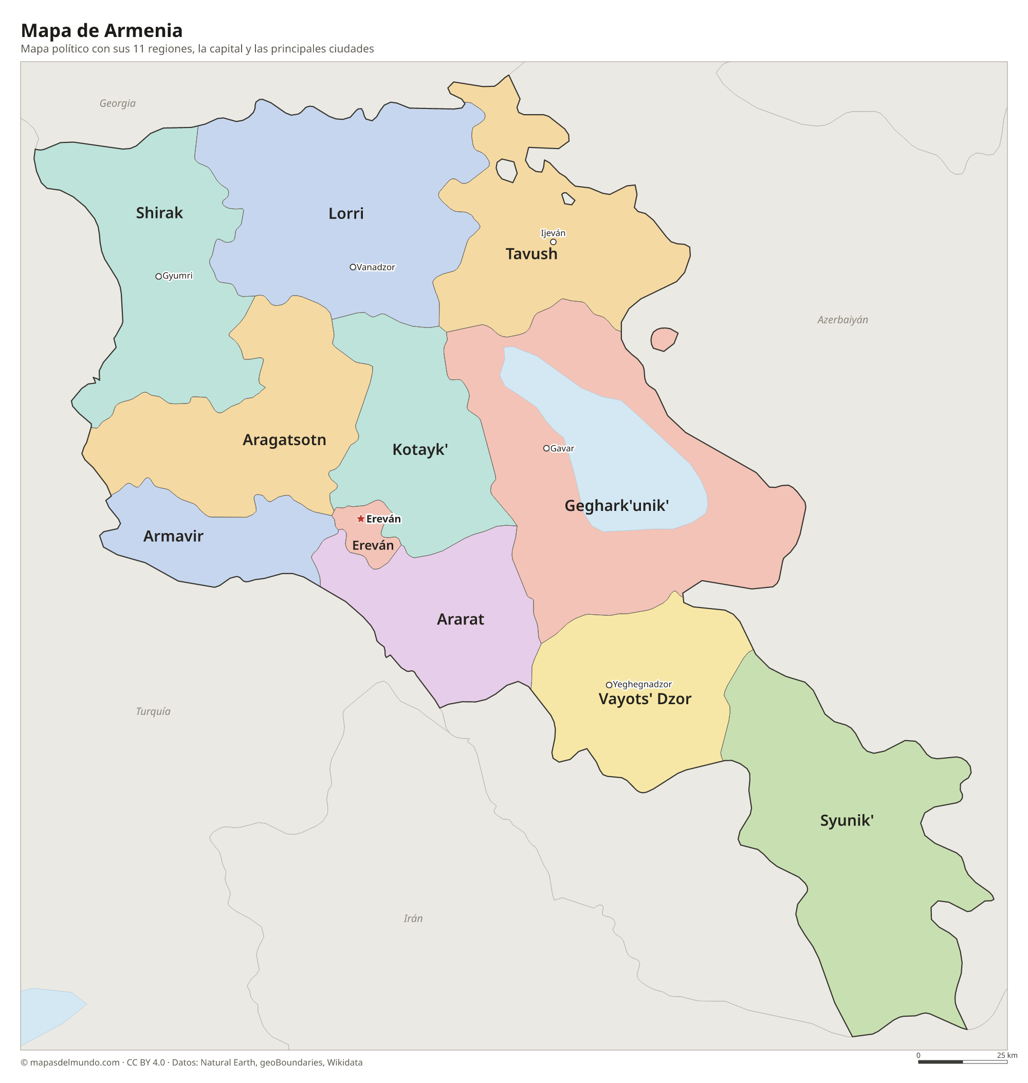 Mapa político de Armenia con sus regiones y la capital Ereván