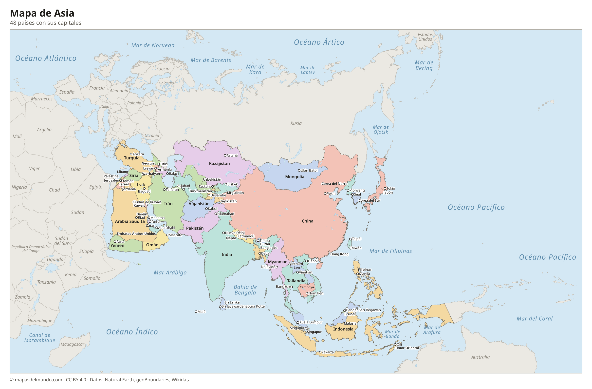 Mapa de Asia con los países y sus capitales