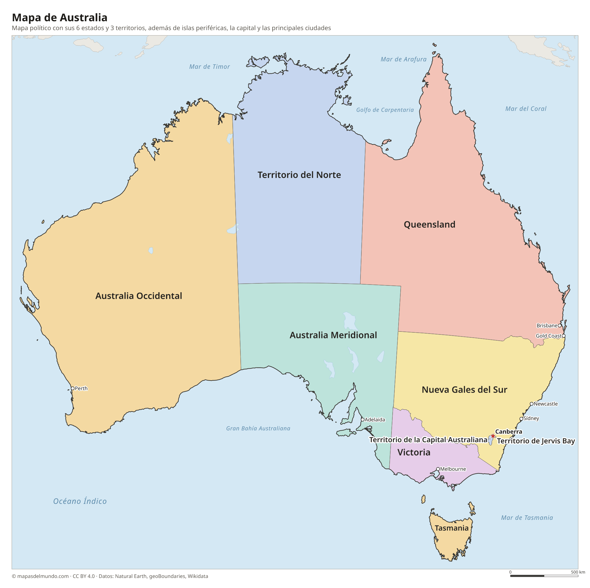 Mapa político de Australia con sus estados y territorios y la capital Canberra
