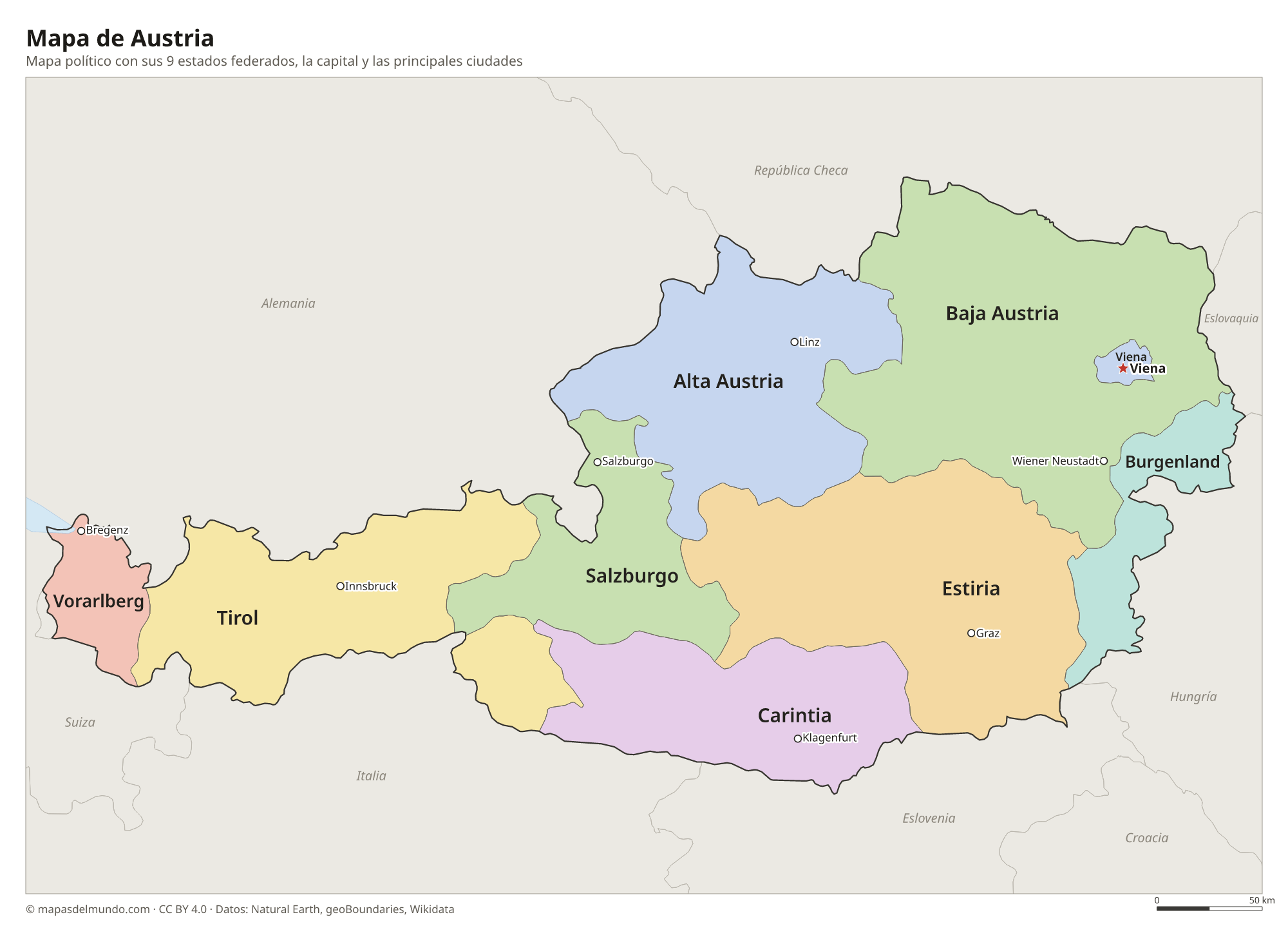 Mapa político de Austria con sus estados federados y la capital Viena