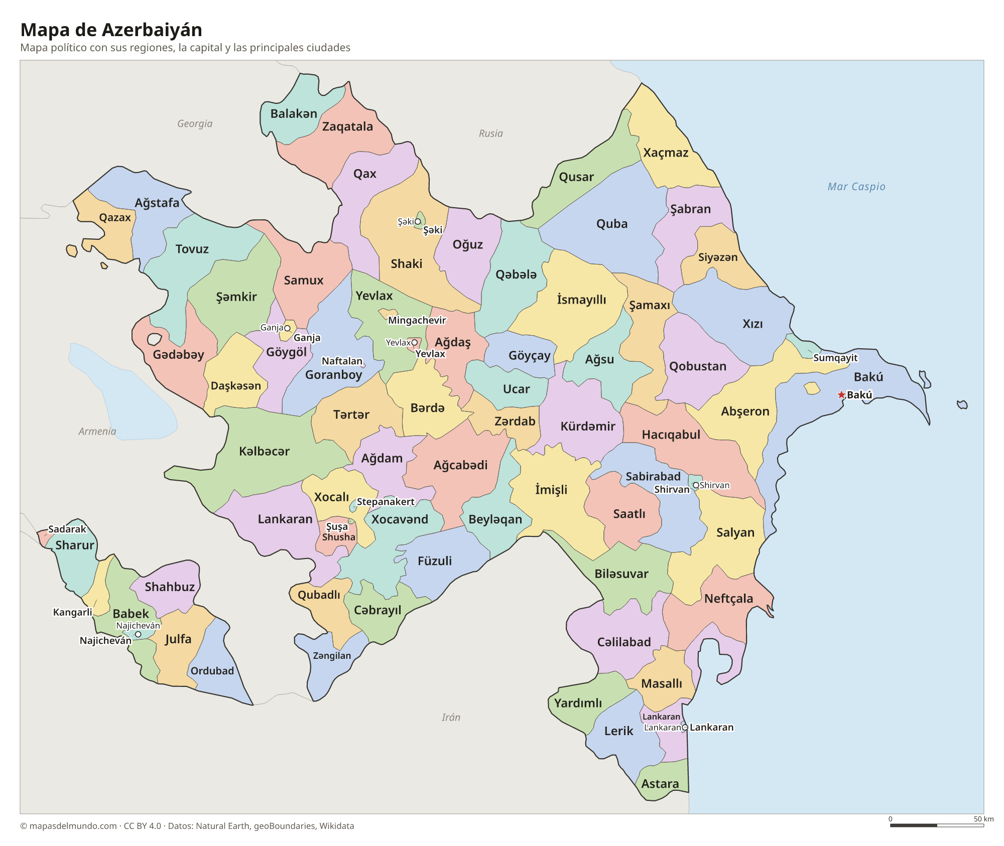 Mapa político de Azerbaiyán con sus regiones y la capital Bakú