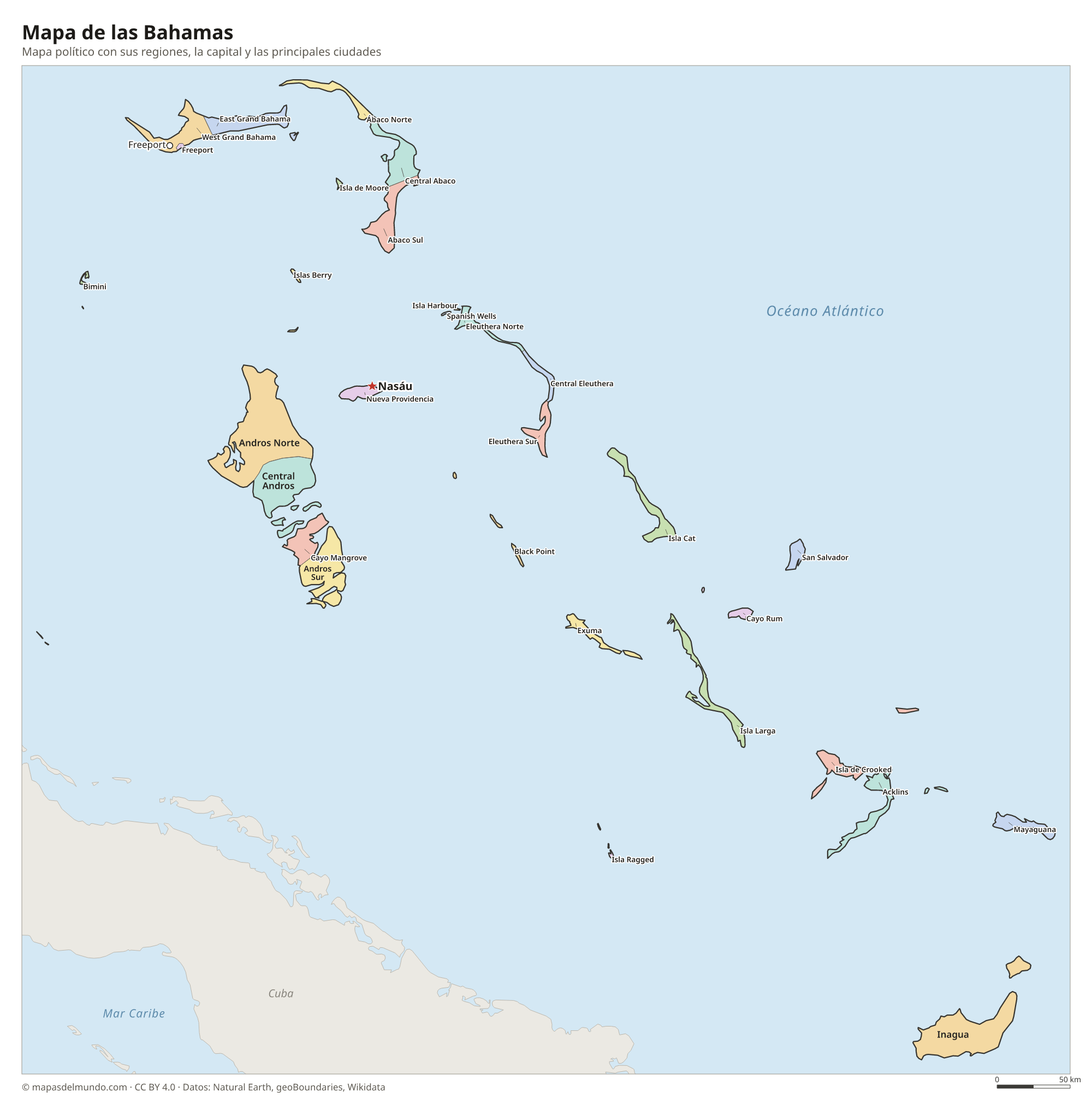 Mapa político de las Bahamas con sus regiones y la capital Nasáu