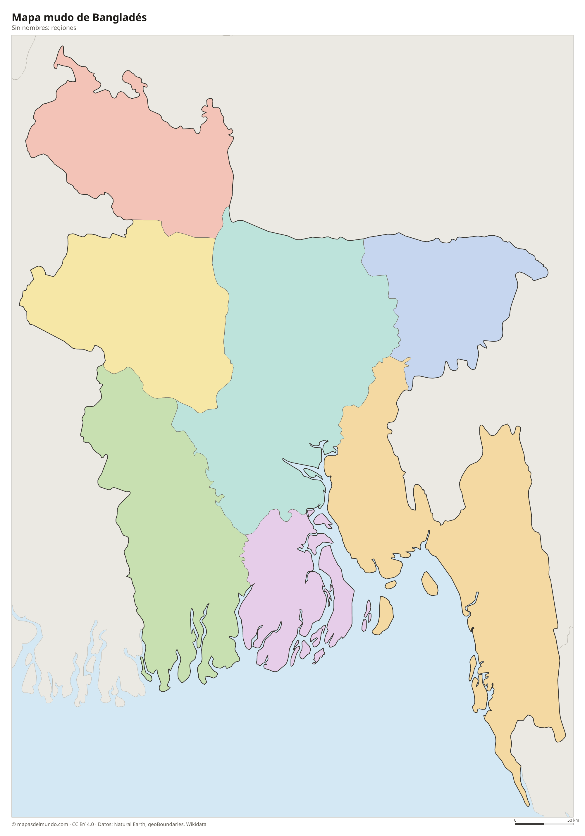 Mapa mudo de Bangladés sin nombres