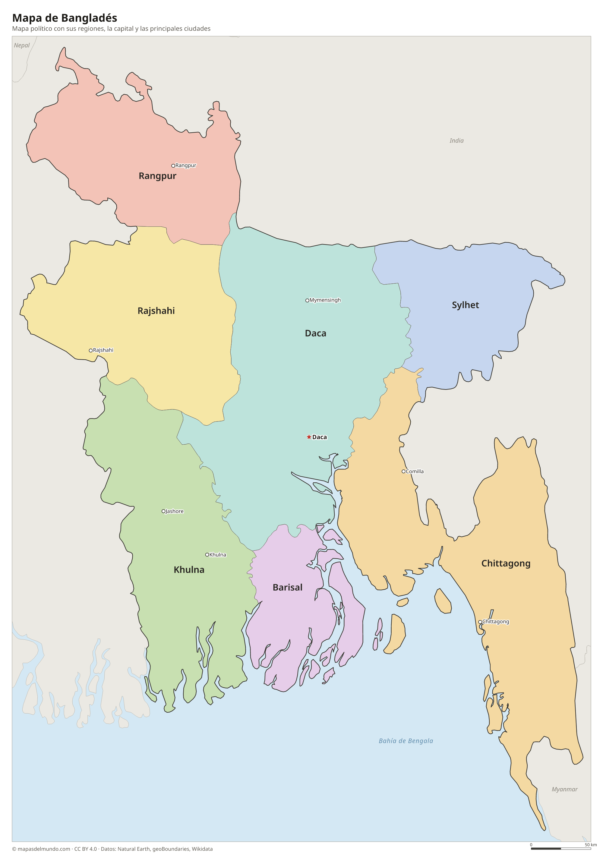 Mapa político de Bangladés con sus regiones y la capital Daca