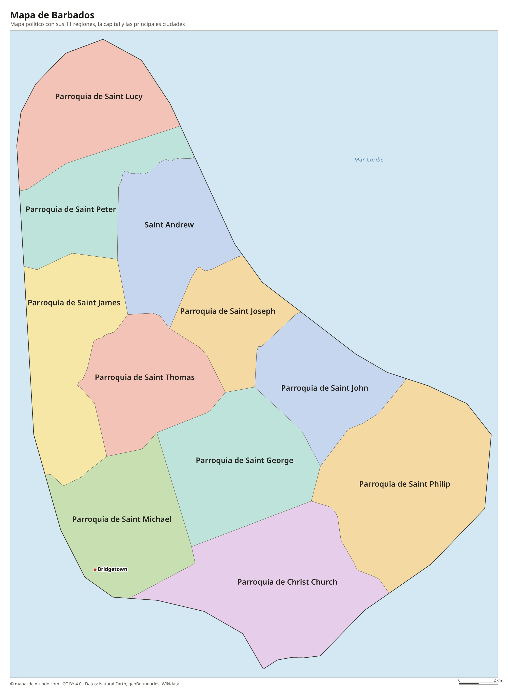 Mapa político de Barbados con sus regiones y la capital Bridgetown