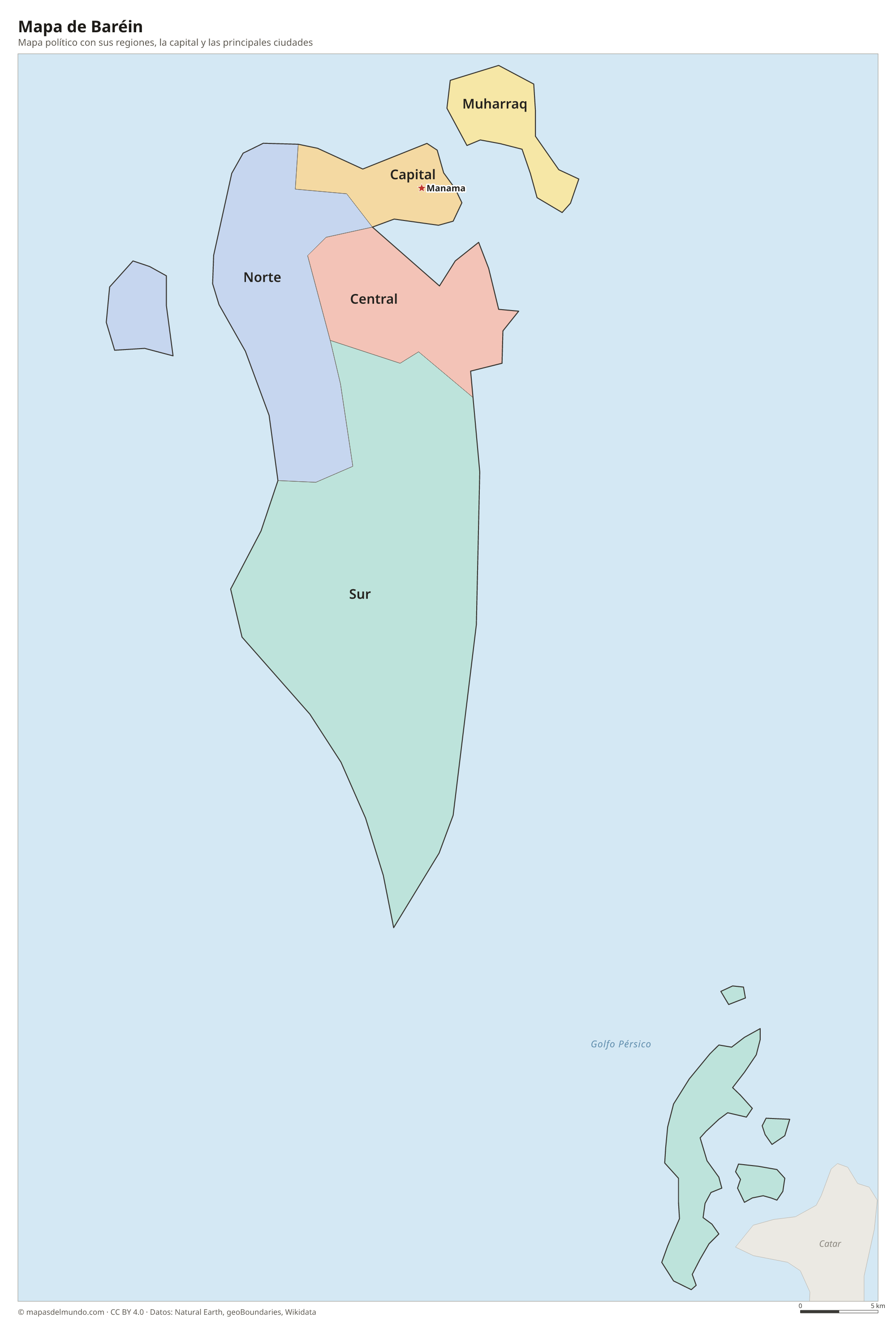 Mapa político de Baréin con sus regiones y la capital Manama