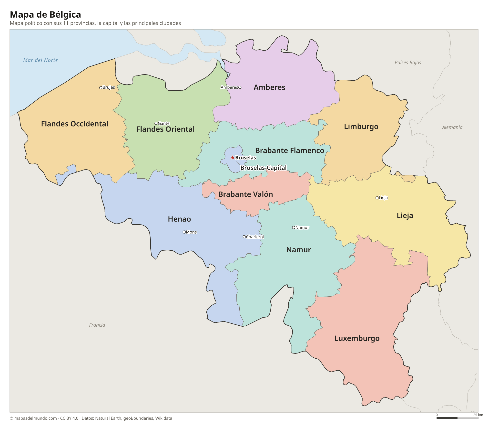 Mapa político de Bélgica con sus provincias y la capital Bruselas