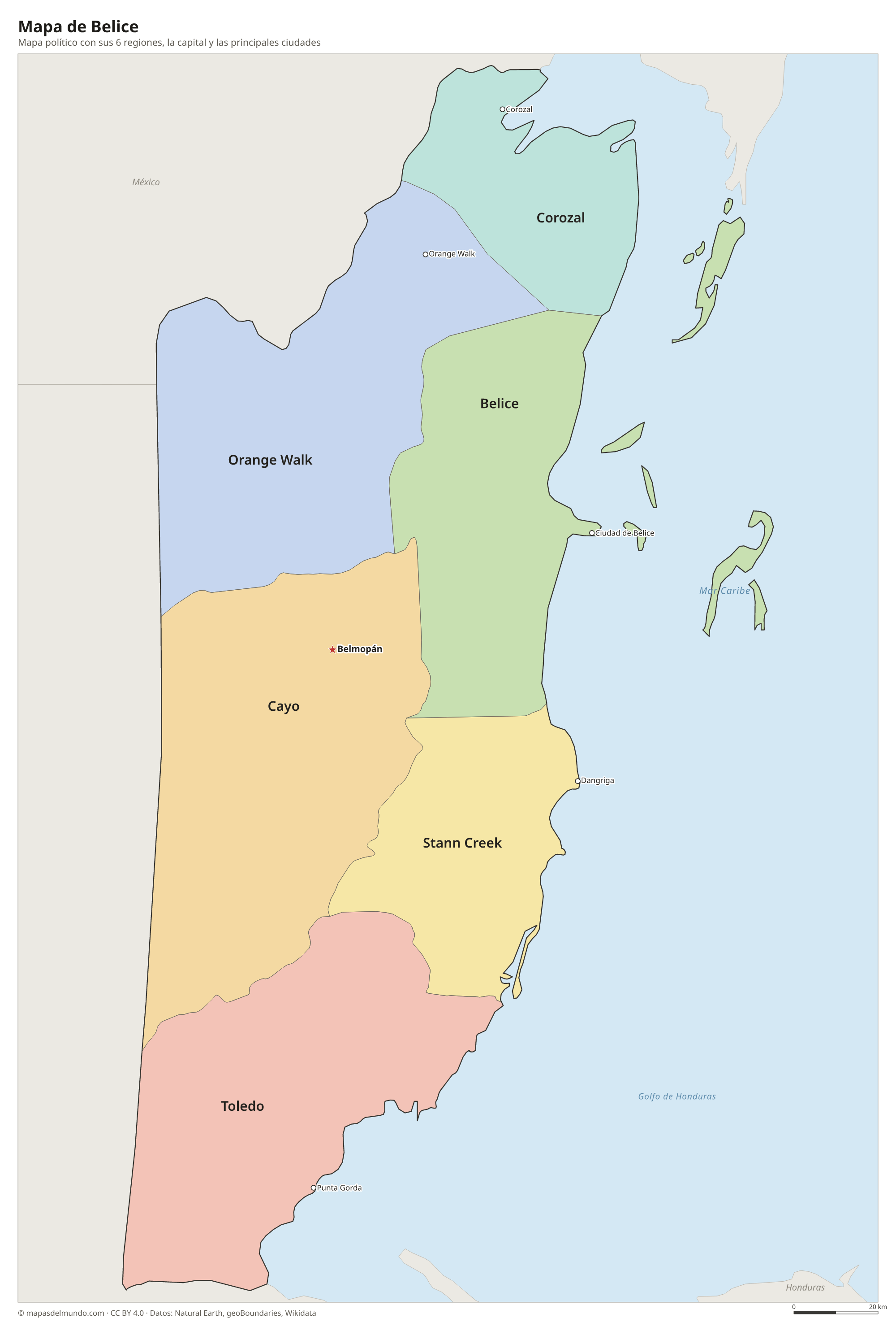 Mapa político de Belice con sus regiones y la capital Belmopán