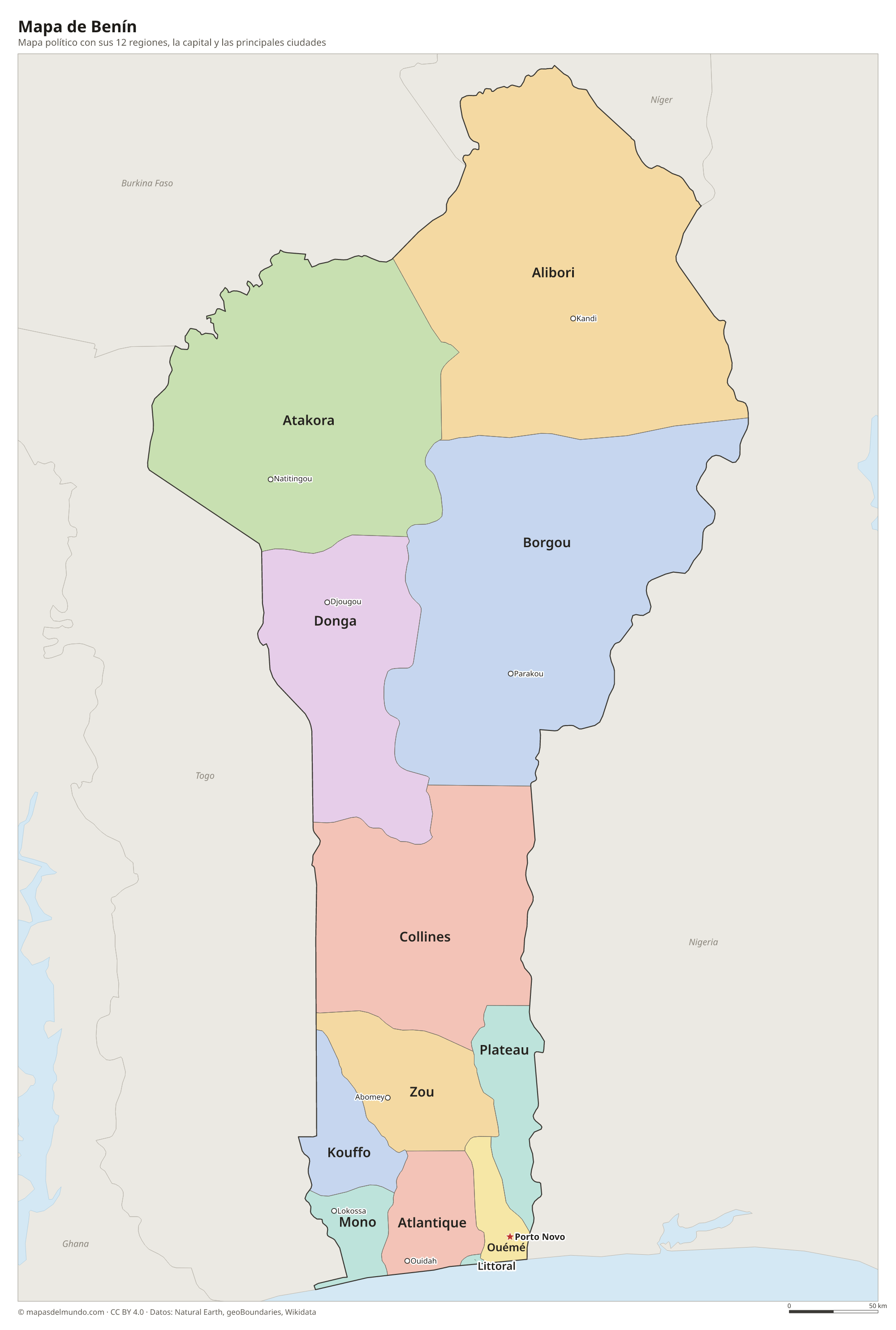 Mapa político de Benín con sus regiones y la capital Porto Novo